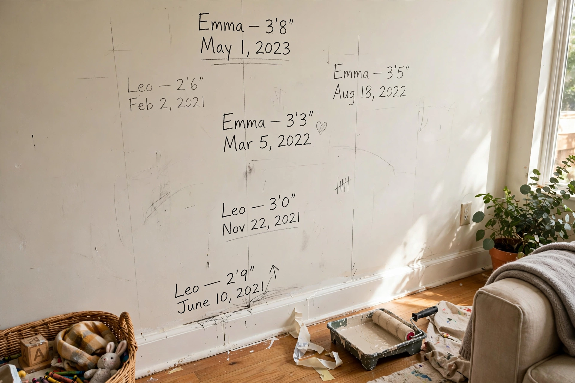 Pencil scribble height marks and dates on a freshly painted living room wall showing the damage wall marking causes