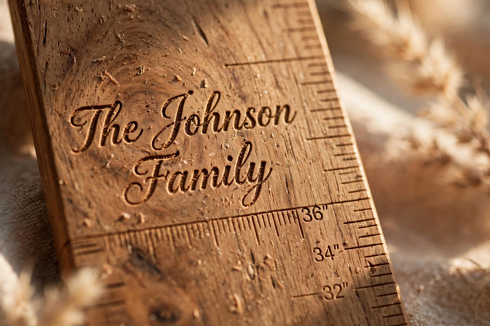 Close-up of family name engraved in elegant script on the wooden growth chart ruler showing detailed wood grain