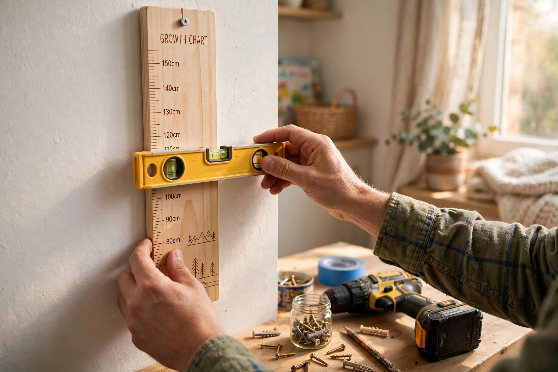 Parents hands mounting the wooden growth chart ruler on a wall with a level tool and mounting hardware
