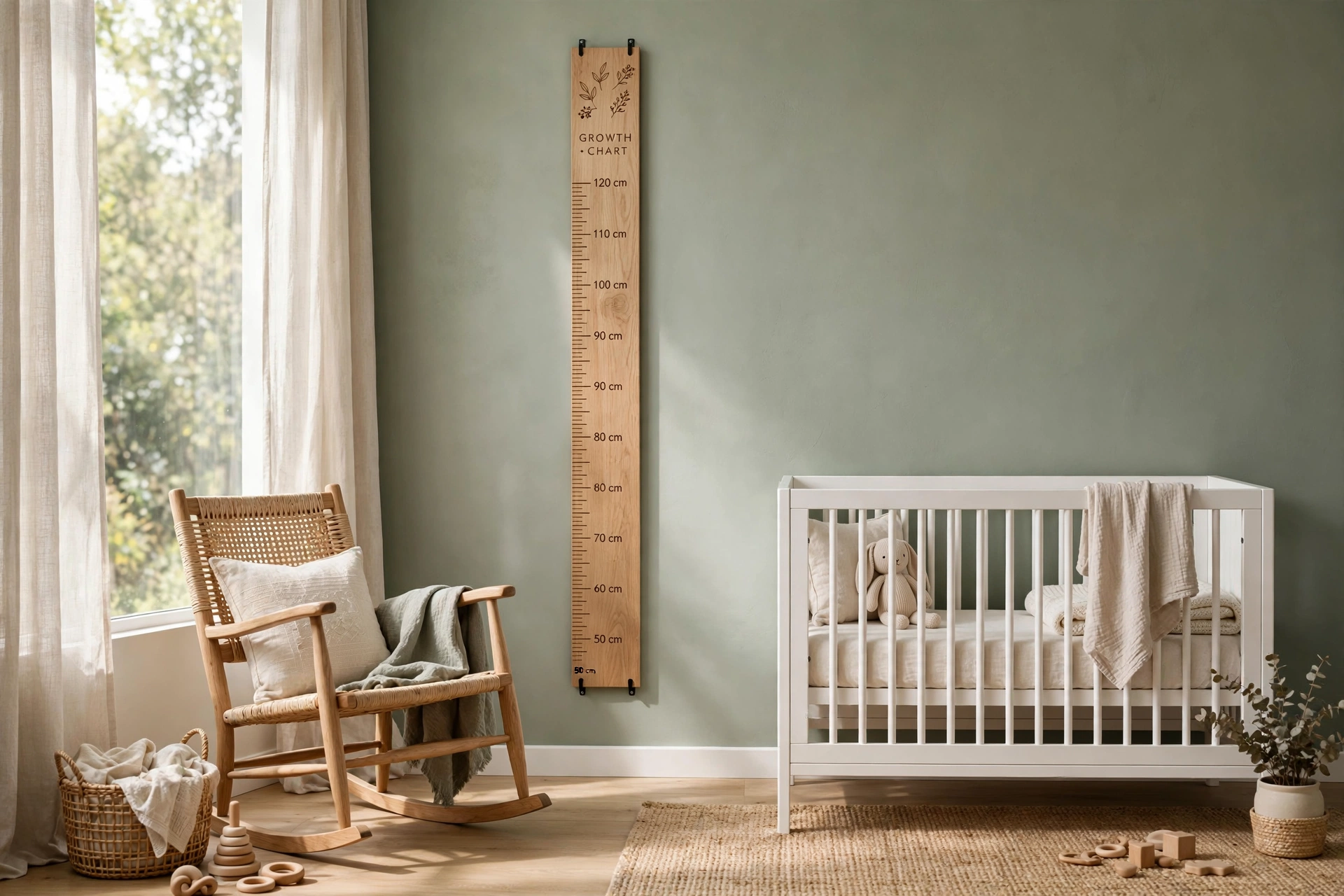 Modern minimalist nursery with the wooden growth chart ruler on a sage green wall next to a rocking chair and crib in soft daylight