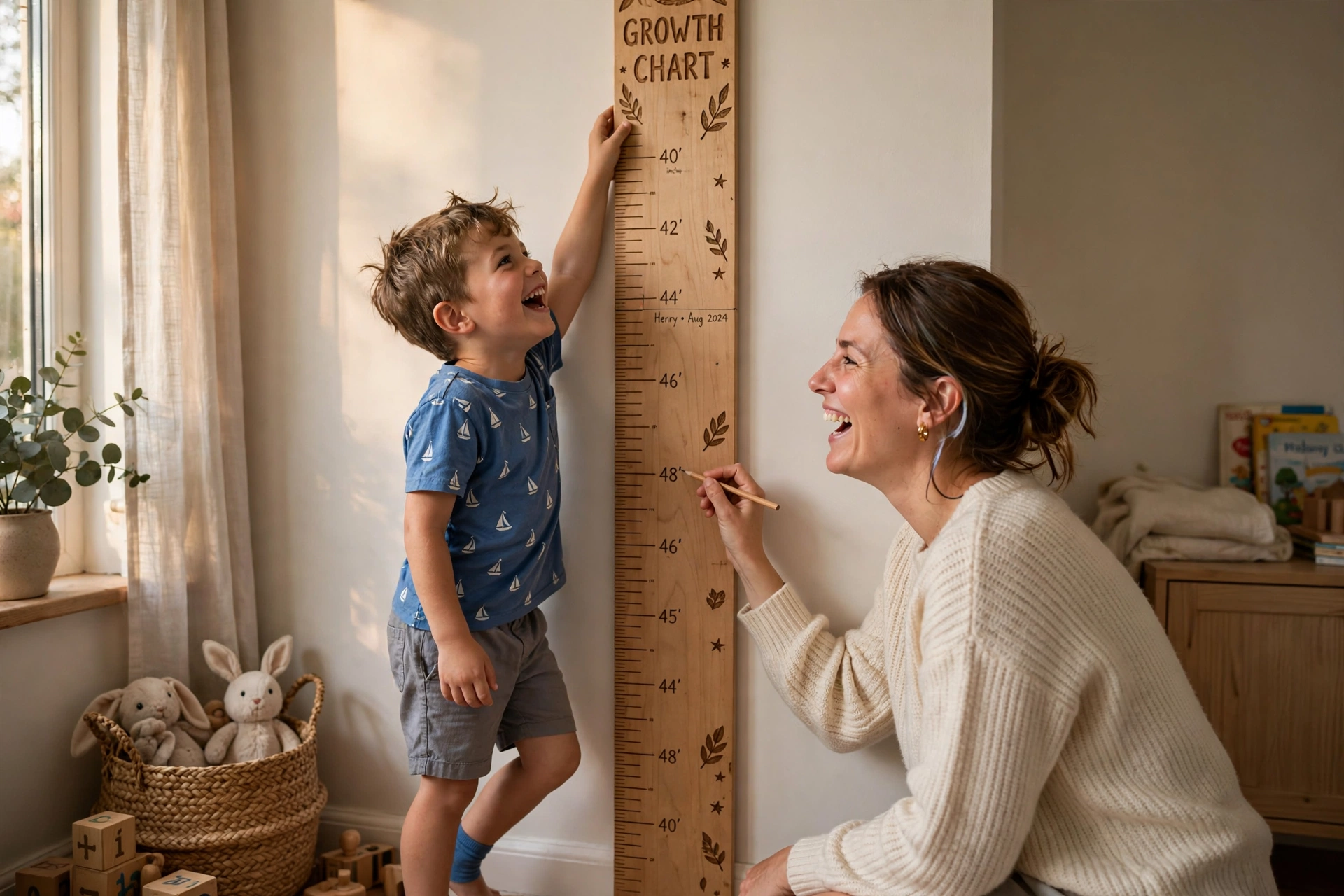 Small boy standing on tiptoes being measured against the wooden growth chart ruler while his mother marks the wood with a pencil, joyful family moment