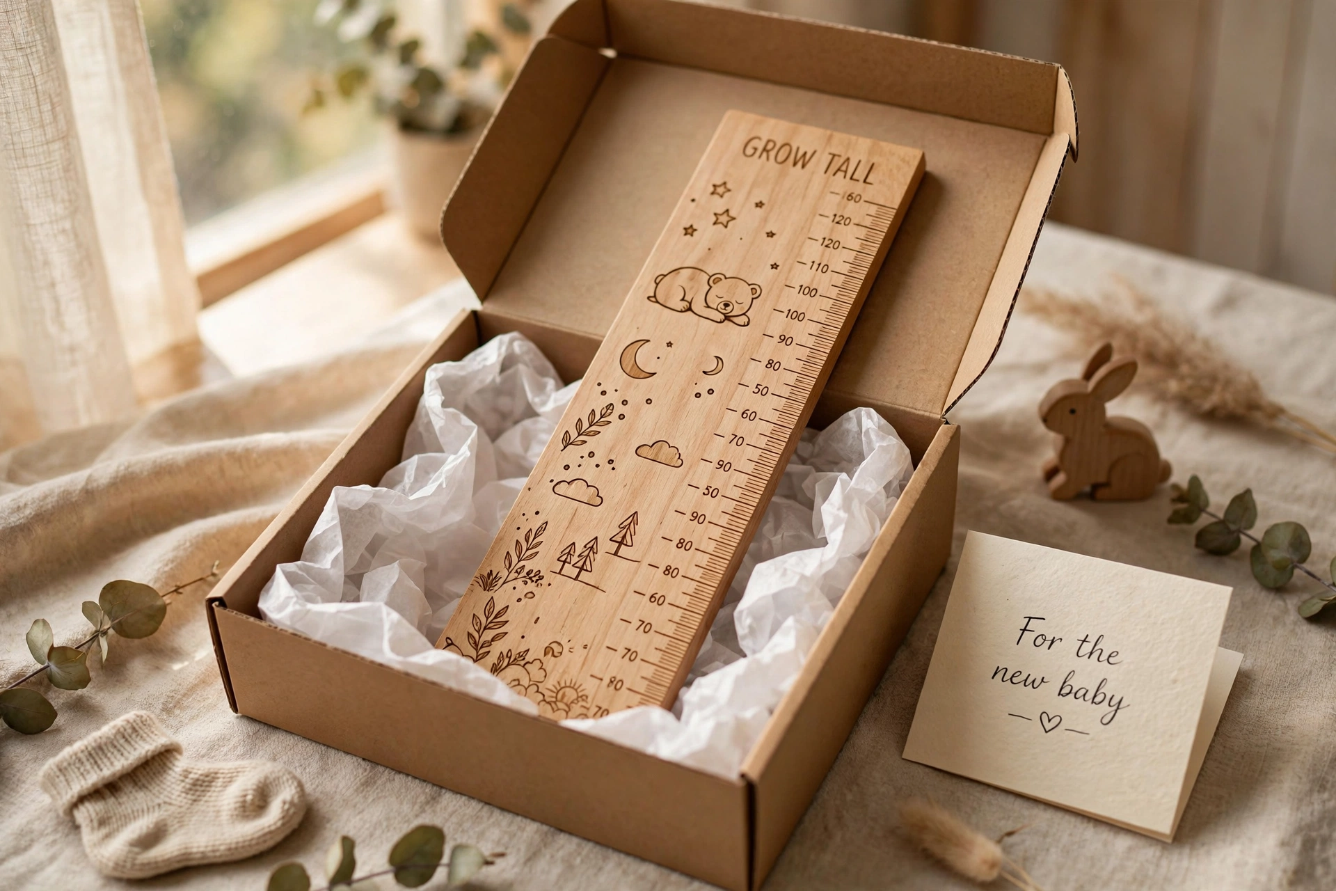 Engraved wooden growth chart ruler packed in a kraft gift box with tissue paper and a new baby card, gift ready scene