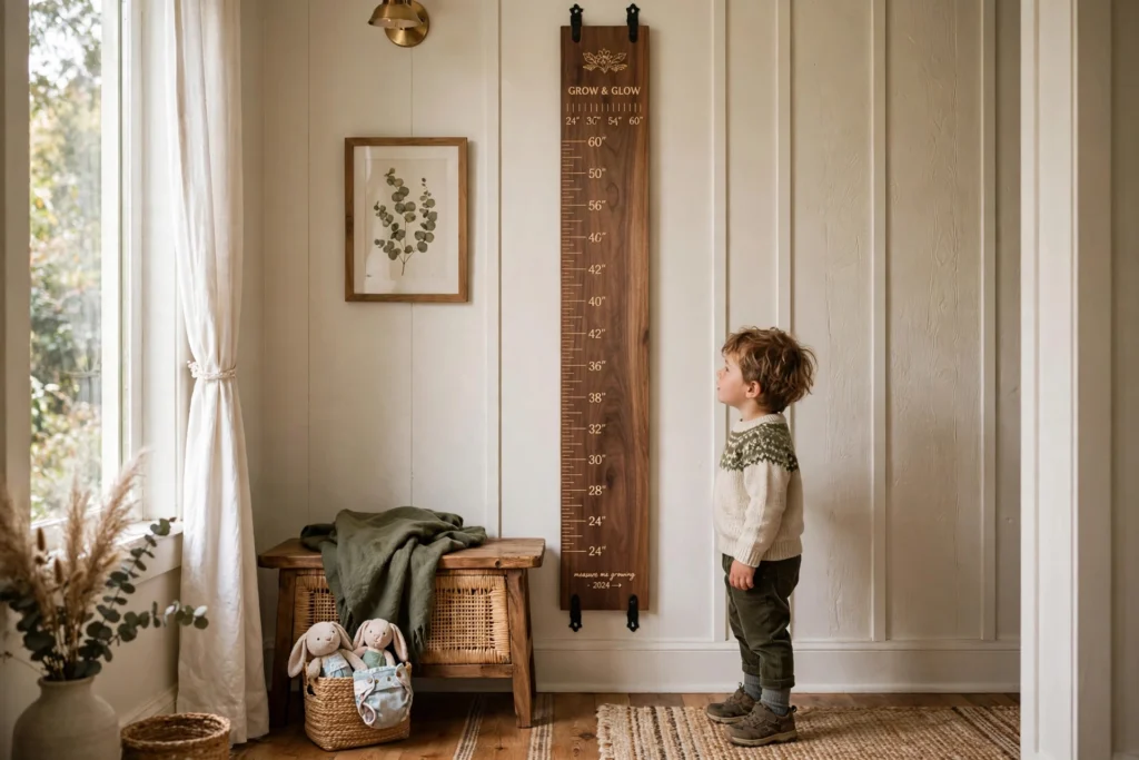 Engraved wooden growth chart ruler hanging on a warm white hallway wall with a small child standing beside it in a cozy farmhouse interior
