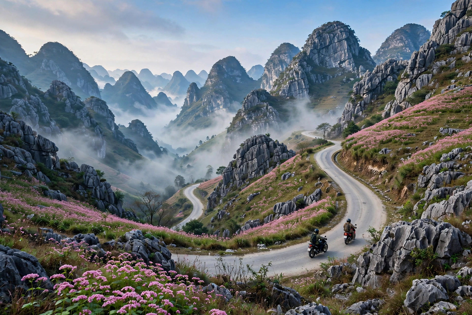Motorbike riders on the winding Ha Giang Loop mountain road through limestone karst peaks in northern Vietnam