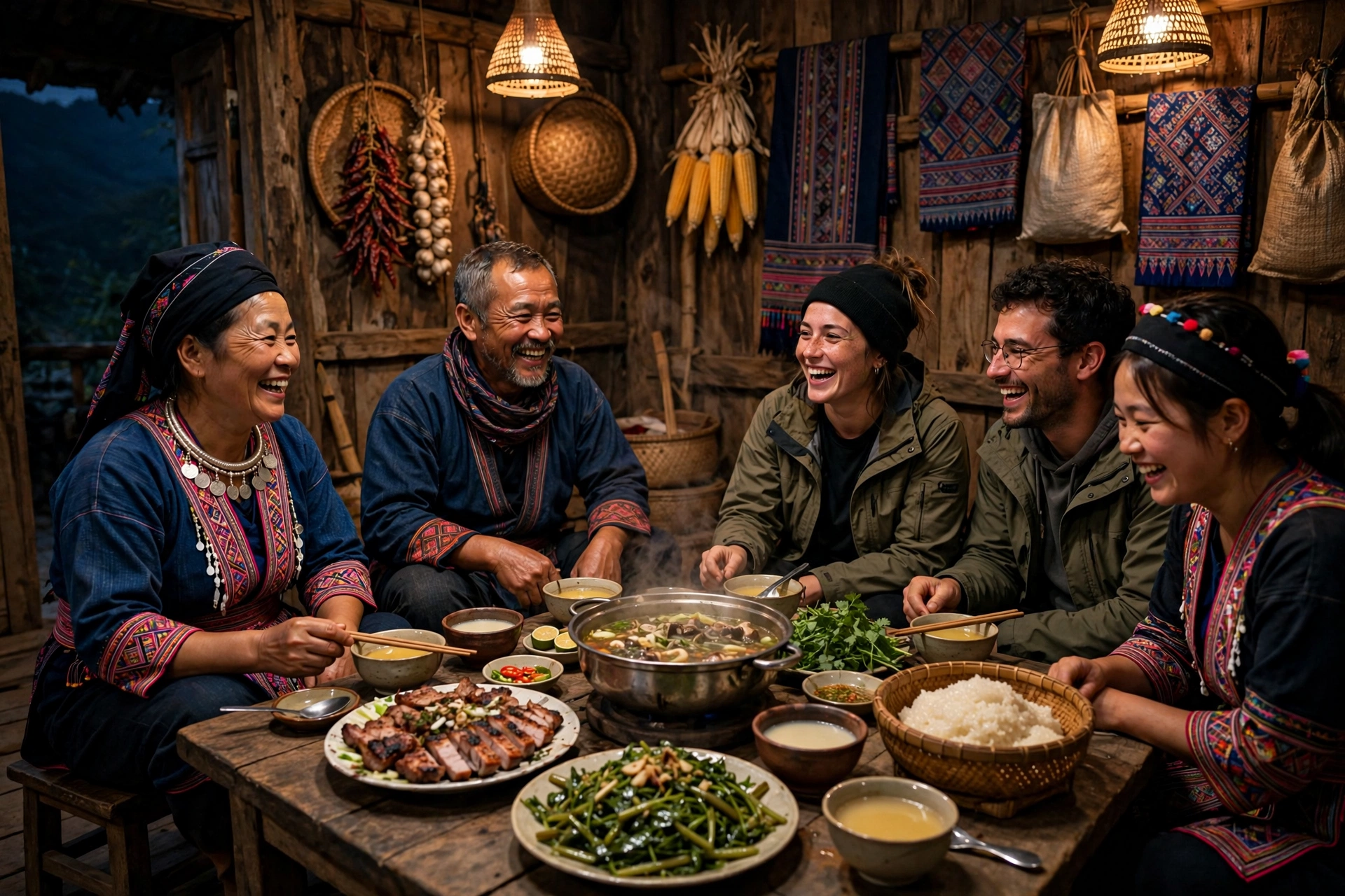 Warm homestay dinner with Hmong hosts and travelers in Ha Giang Vietnam