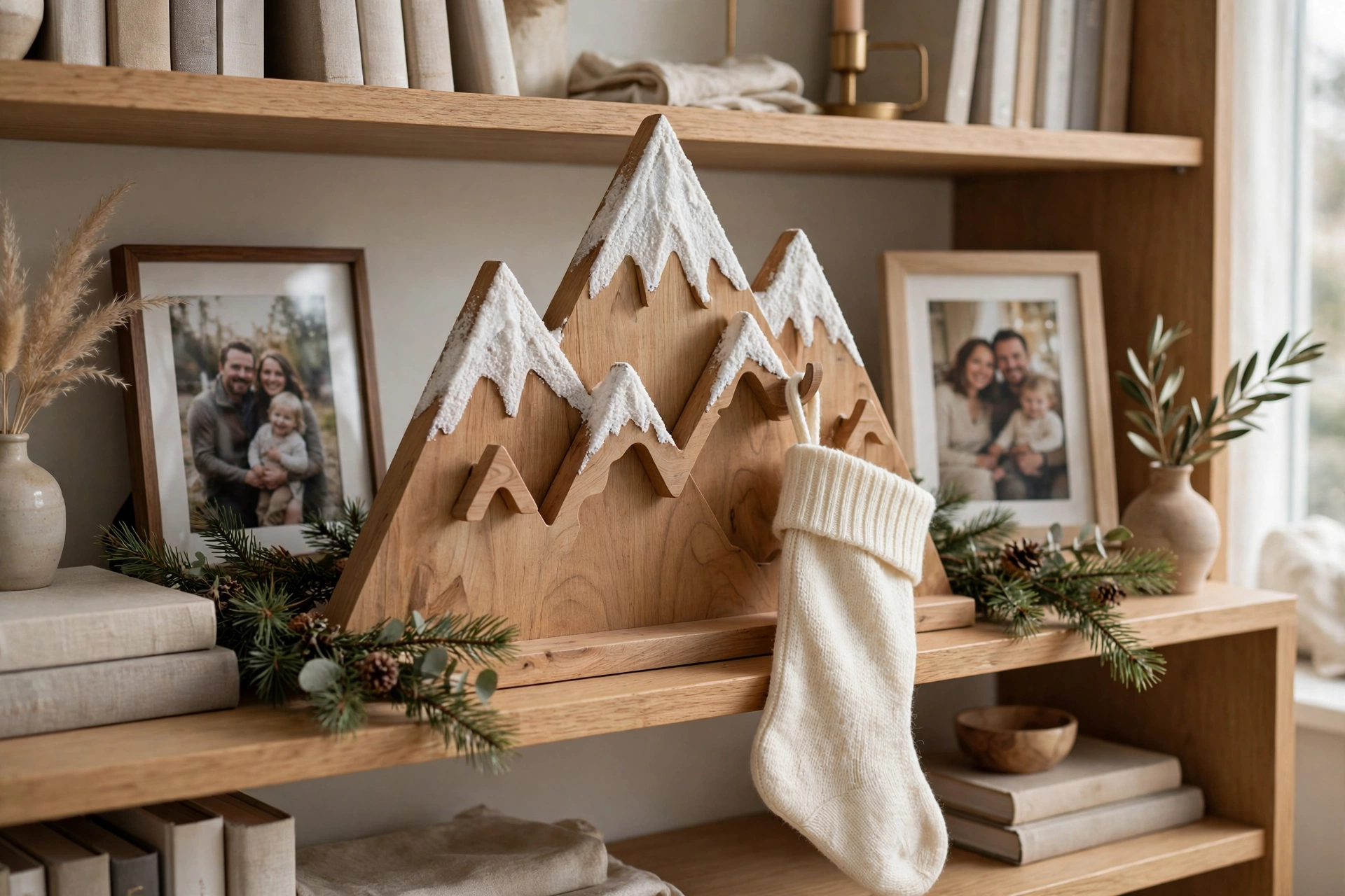 Wooden mountain stocking holder styled on a living room bookshelf between family photos and pine garlands
