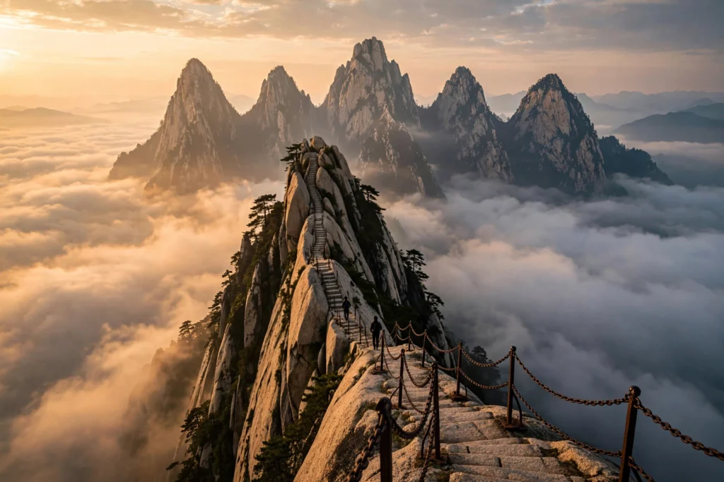 Mount Huashan five granite peaks at sunrise above a sea of clouds, Shaanxi China