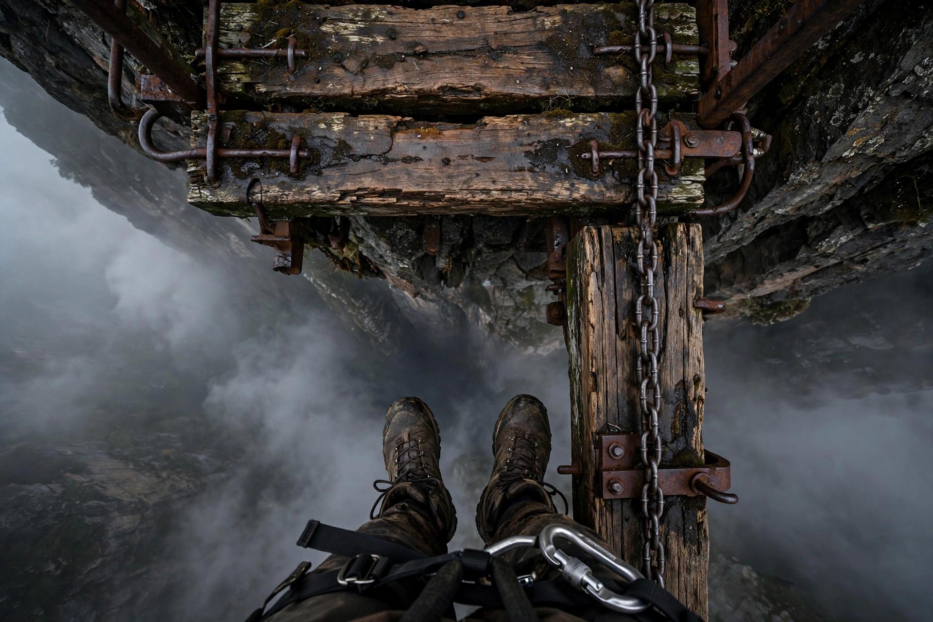 Close-up view looking down from the Huashan plank walk, wooden planks bolted into a vertical cliff above a misty abyss