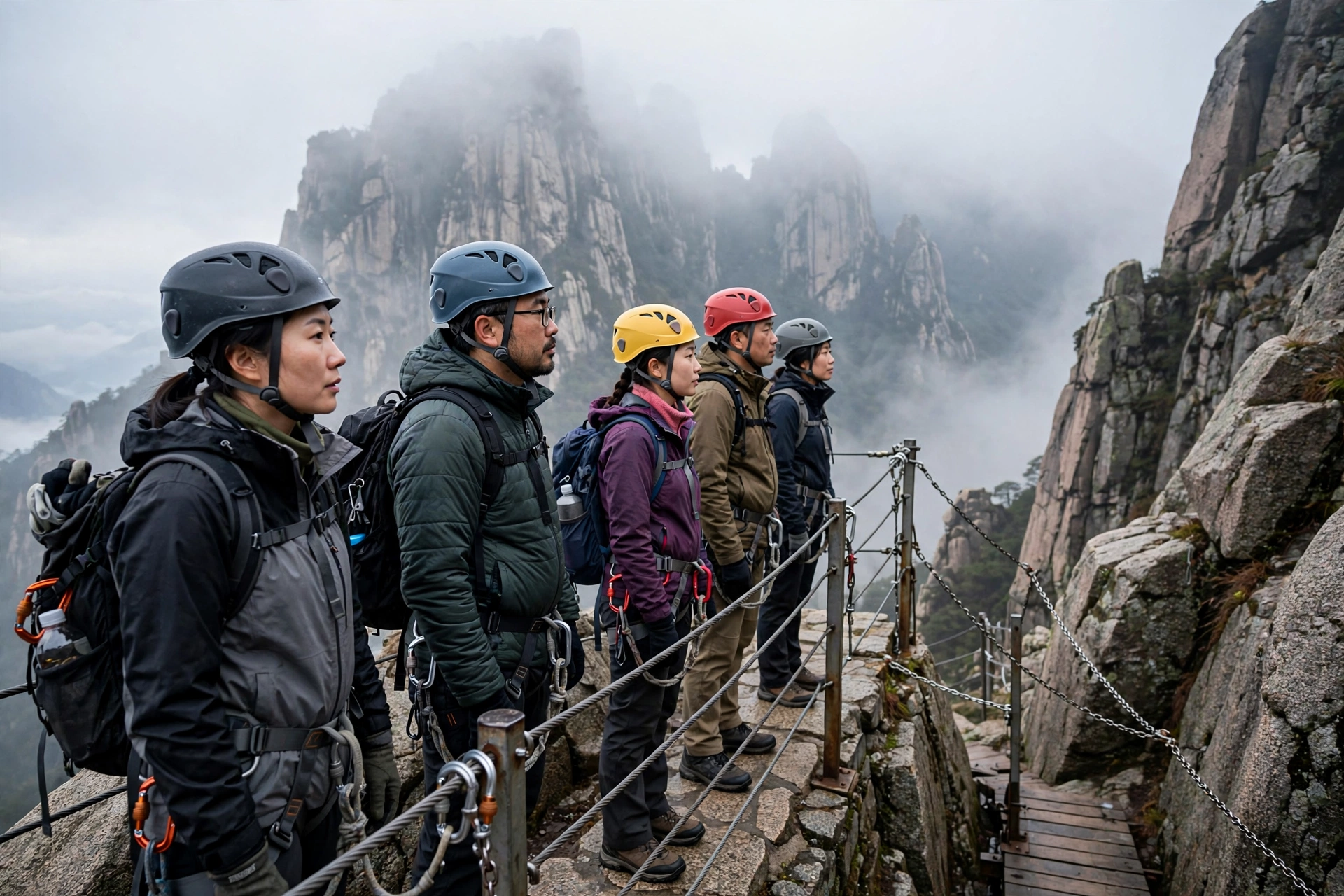 Hikers in safety harnesses queuing at the South Peak plank walk platform on Mount Huashan