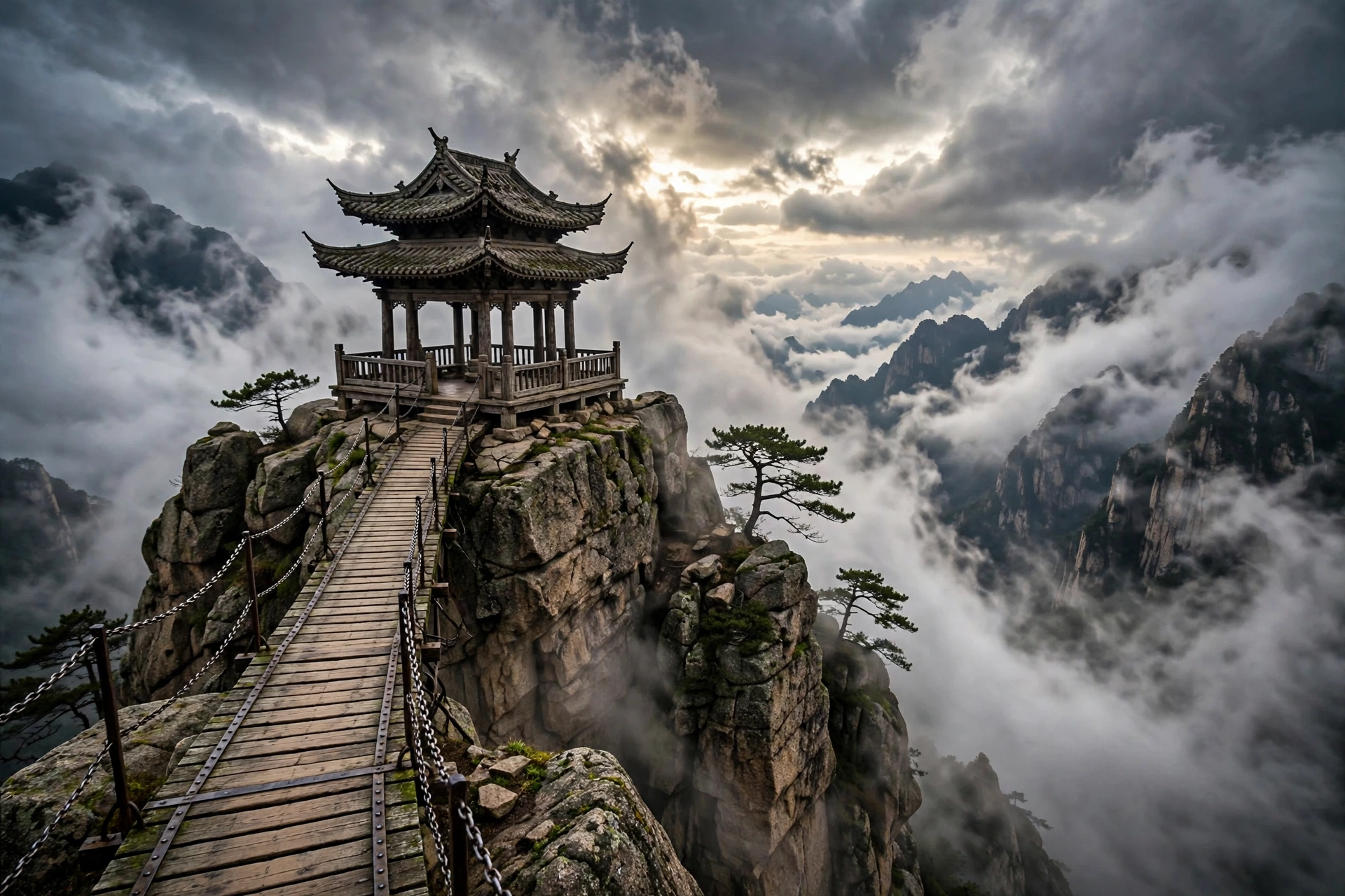 The Chess Pavilion temple perched on a cliff outcrop at the end of the Huashan plank walk