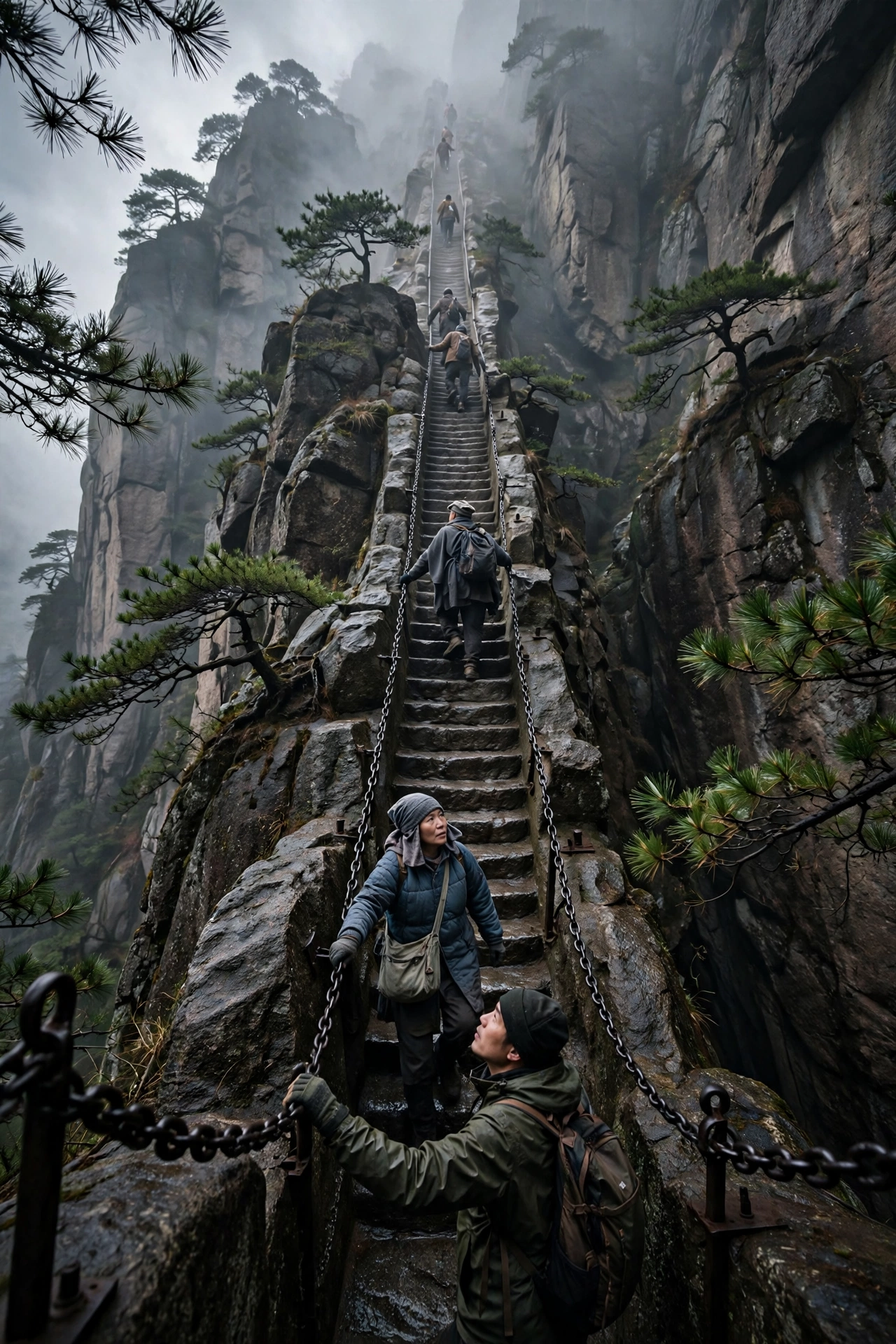 Pilgrims climbing steep ancient stone stairs with iron chains on Mount Huashan