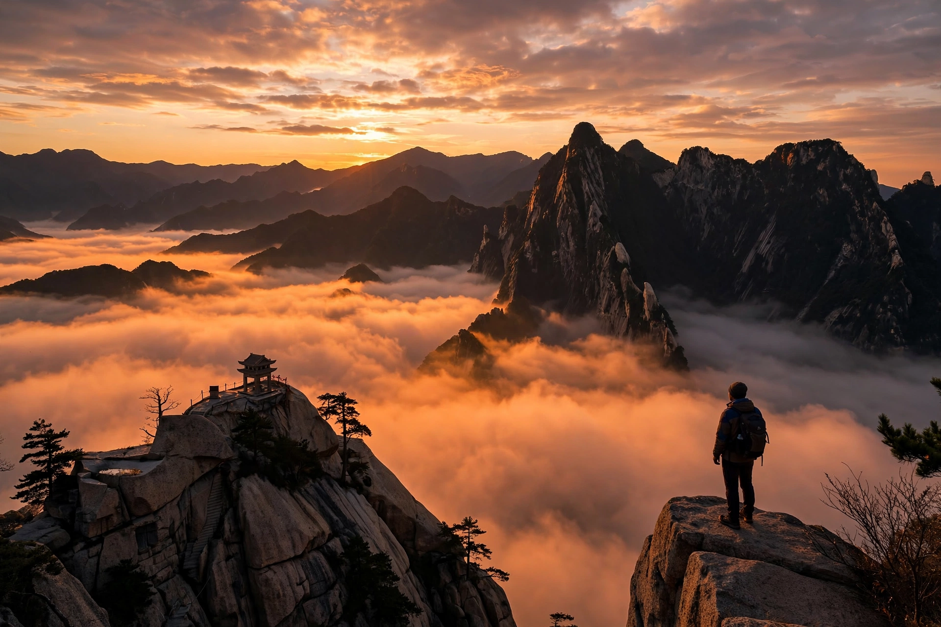 Sunset over a sea of clouds from the West Peak of Mount Huashan