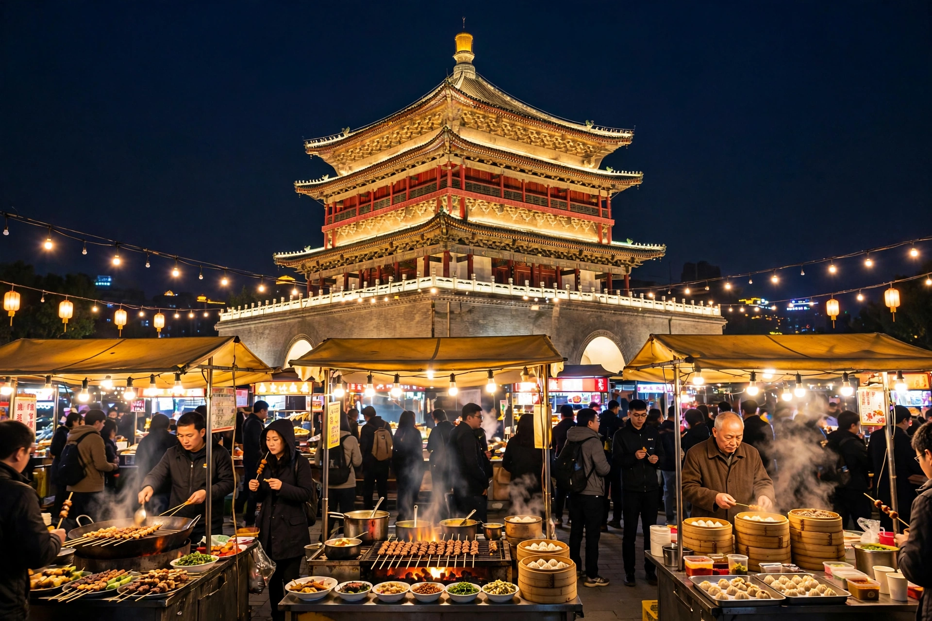 Xi'an Bell Tower illuminated at night with street food stalls, gateway city for Mount Huashan trips