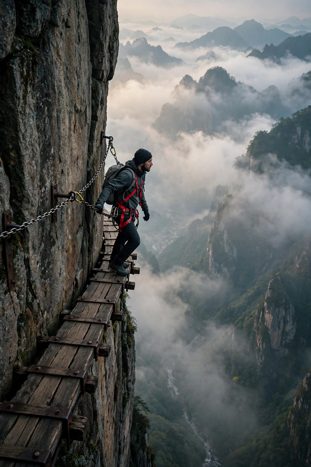 Hiker in red safety harness crossing narrow wooden planks bolted to the sheer cliff face of Mount Huashan, China, with a misty valley thousands of feet below