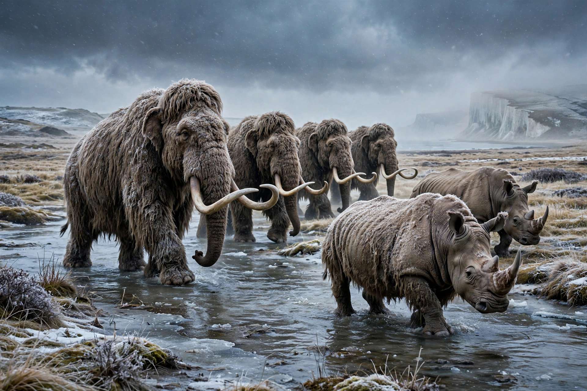 Woolly mammoths and woolly rhinos crossing an Ice Age steppe plain