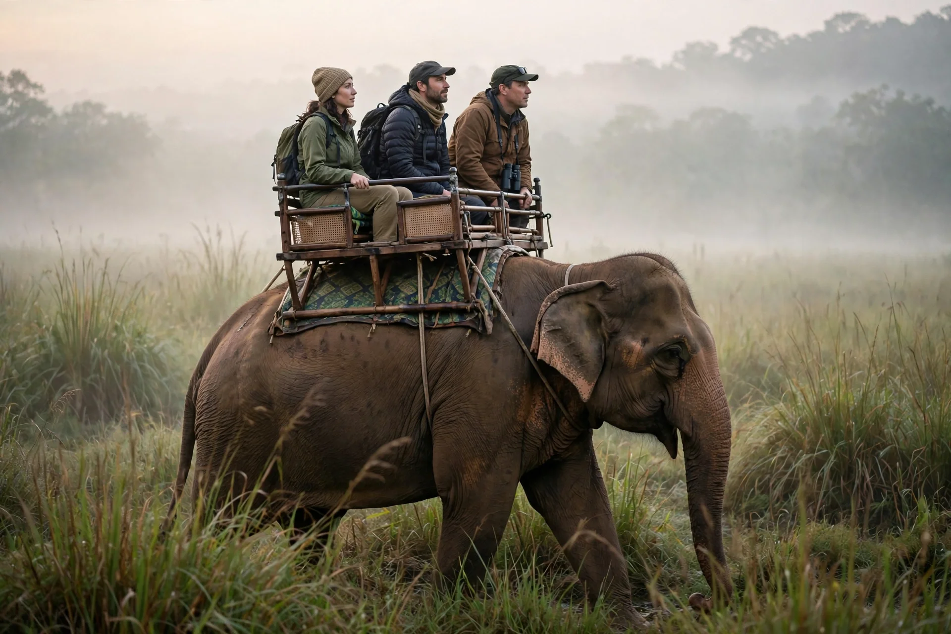 Tourists in a howdah on an elephant moving through misty Kaziranga grassland at dawn