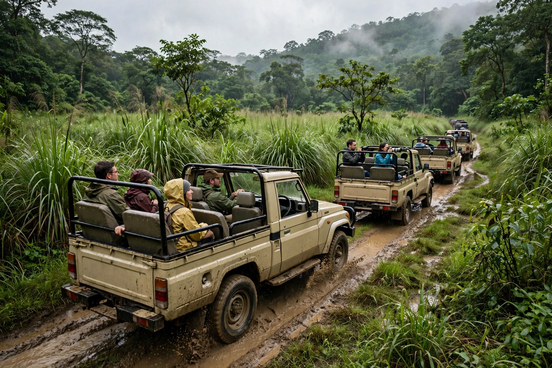 Safari jeeps on a muddy jungle track in Kaziranga National Park, Assam