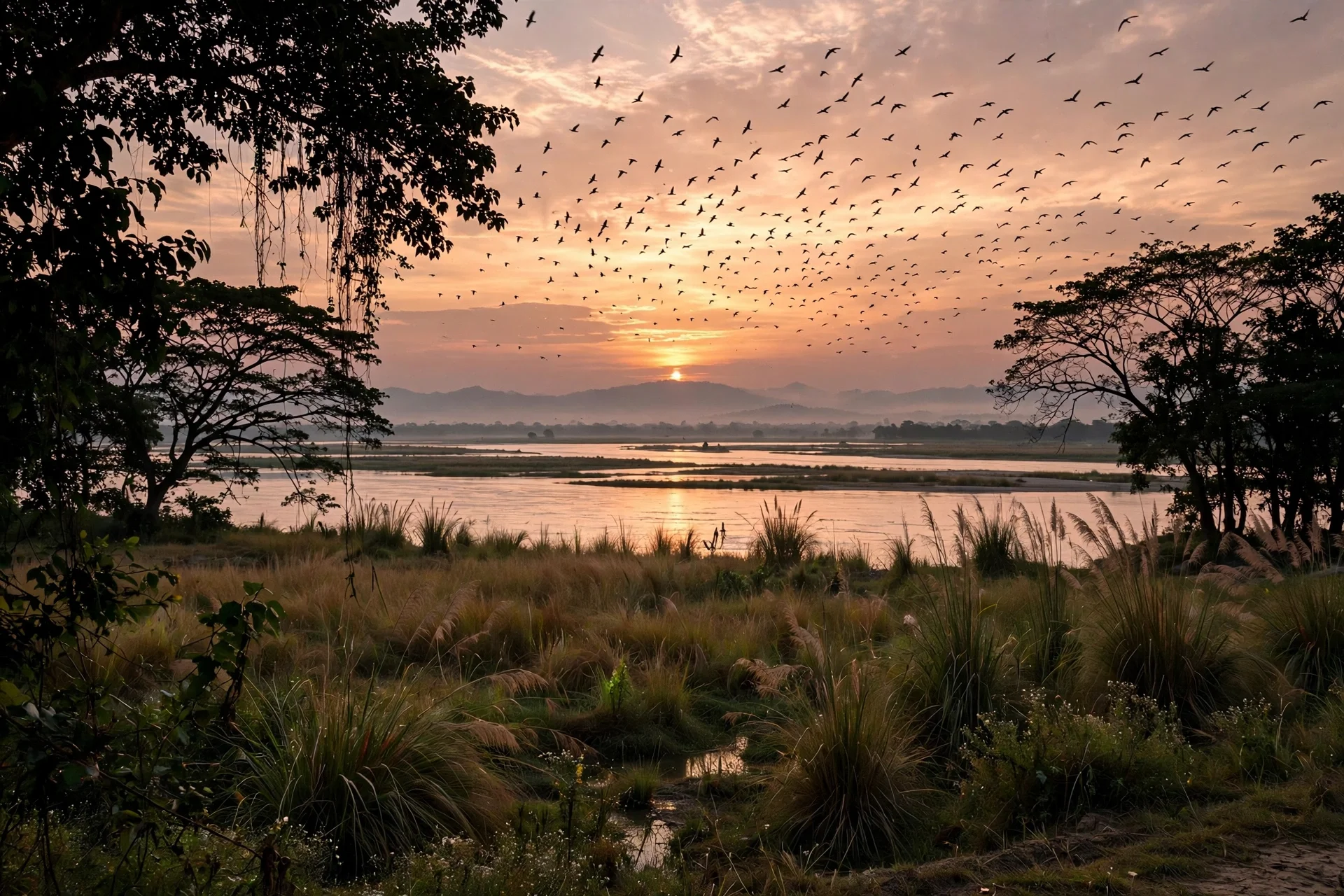 Sunset over the Brahmaputra floodplain near Kaziranga with migratory birds in flight