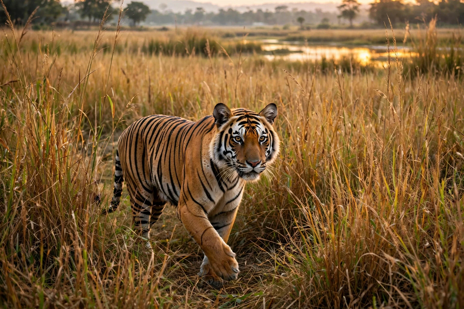 Bengal tiger walking through tall golden grass in Kaziranga National Park