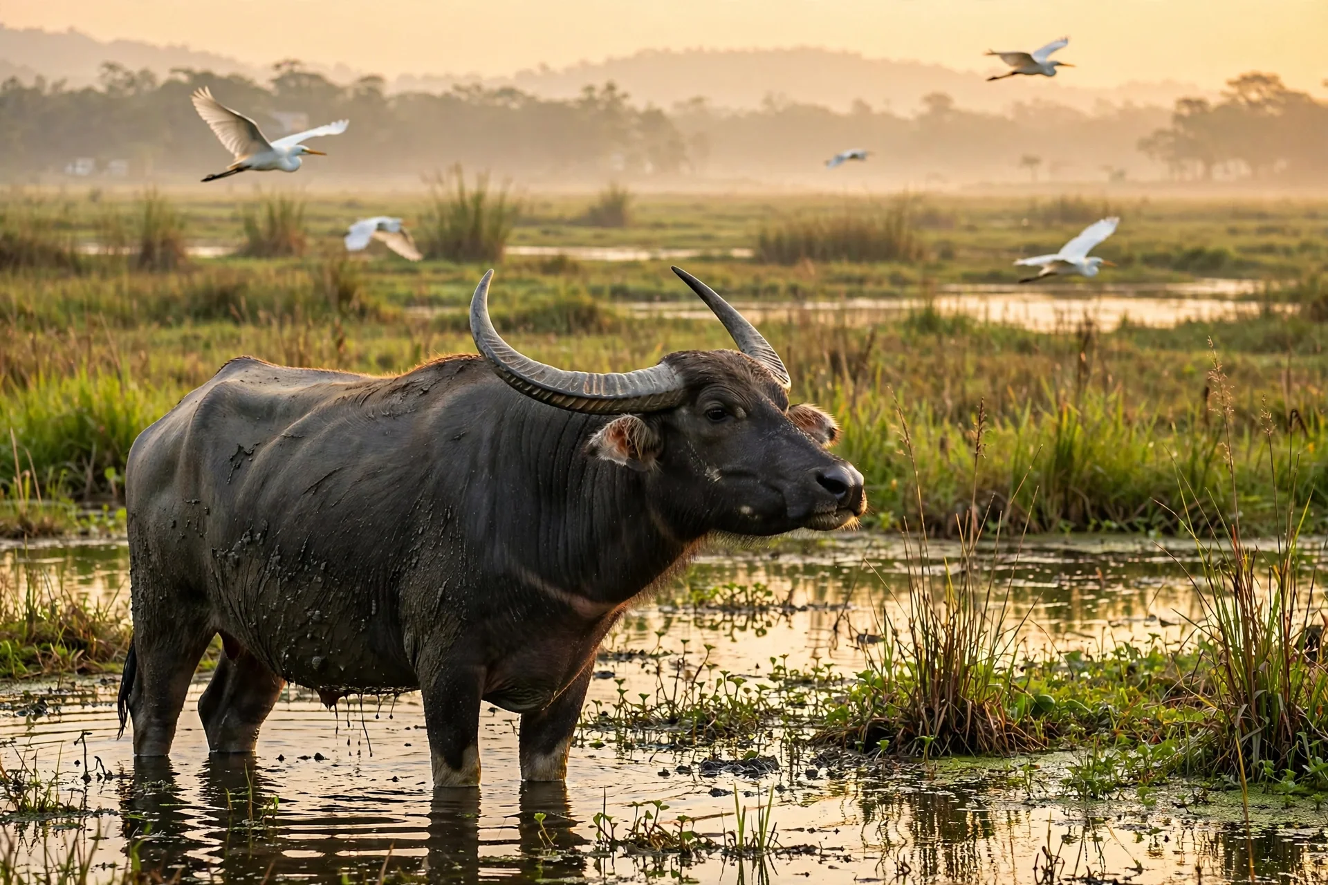 Wild water buffalo and egrets in a Kaziranga wetland at golden hour