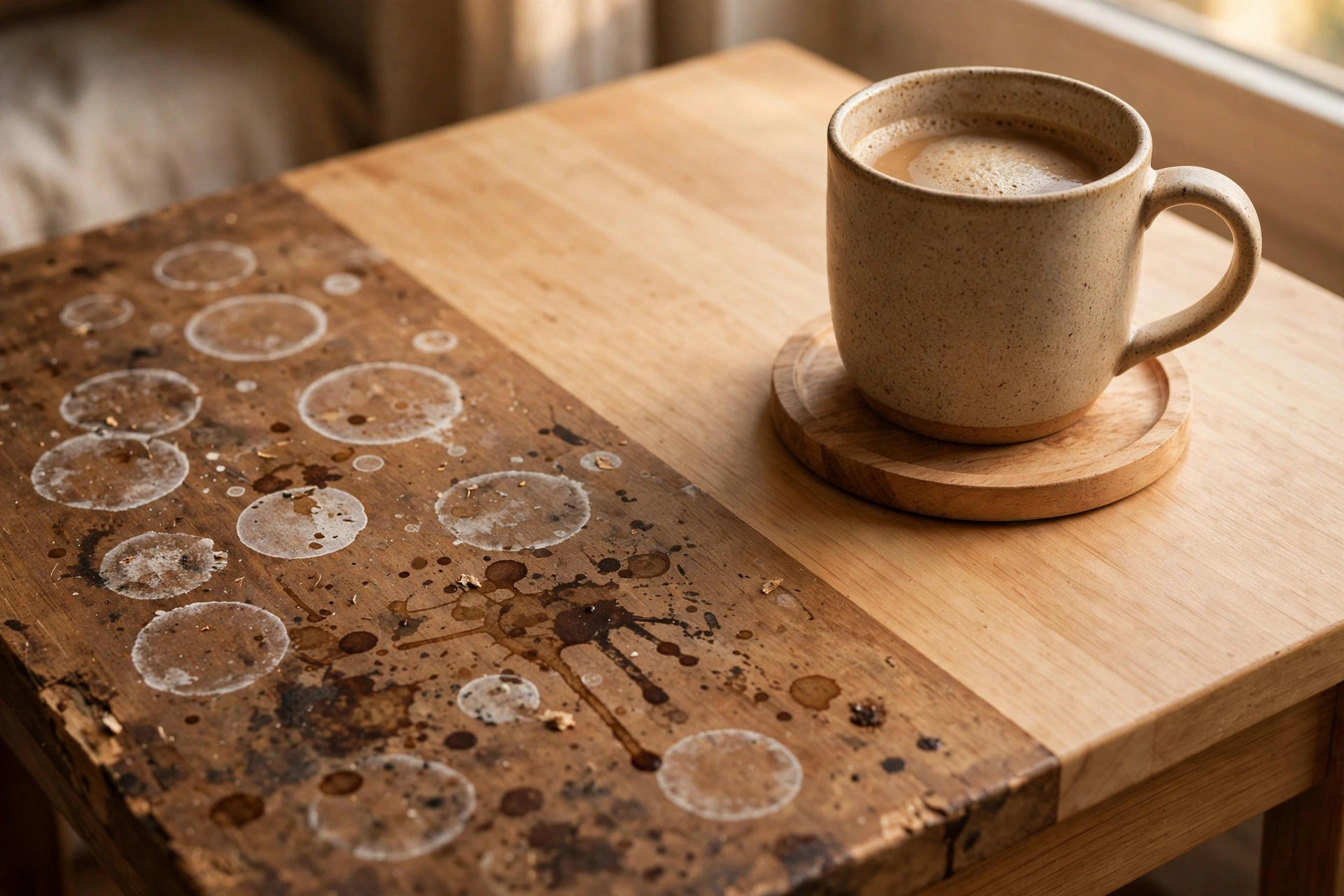 Wooden table showing white water rings from drinks next to a protected area with a handmade wooden coaster
