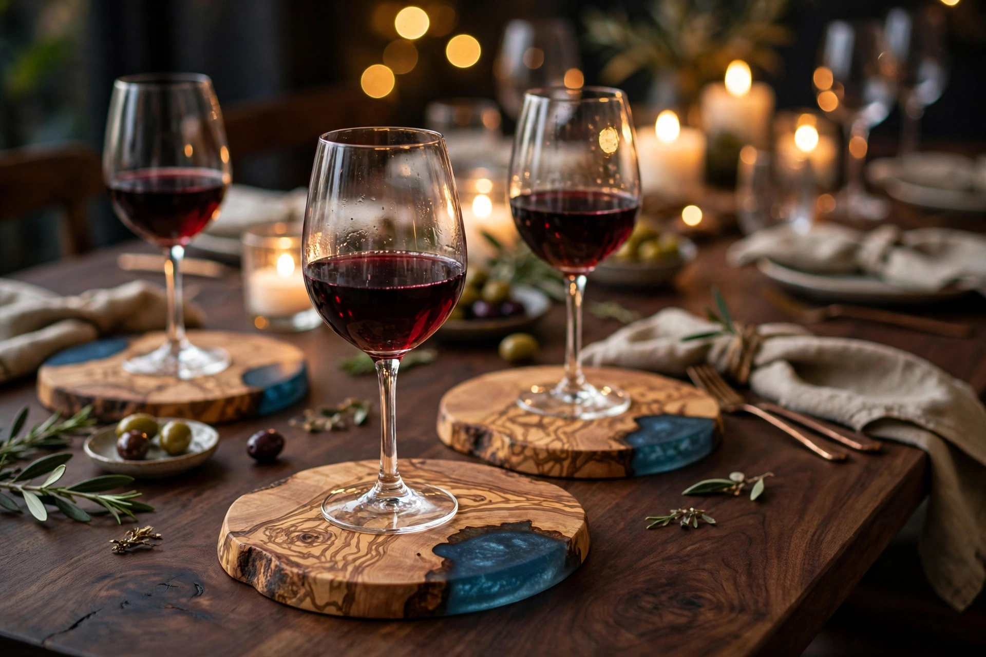 Round handmade olive wood coasters with epoxy resin accents under wine glasses on a dinner table
