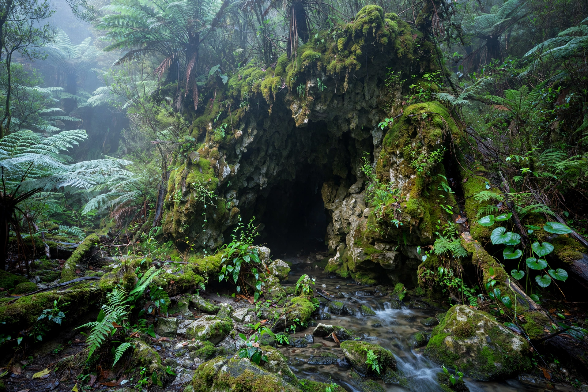 Moss-covered limestone cave entrance in New Zealand native forest near Waitomo, morning mist