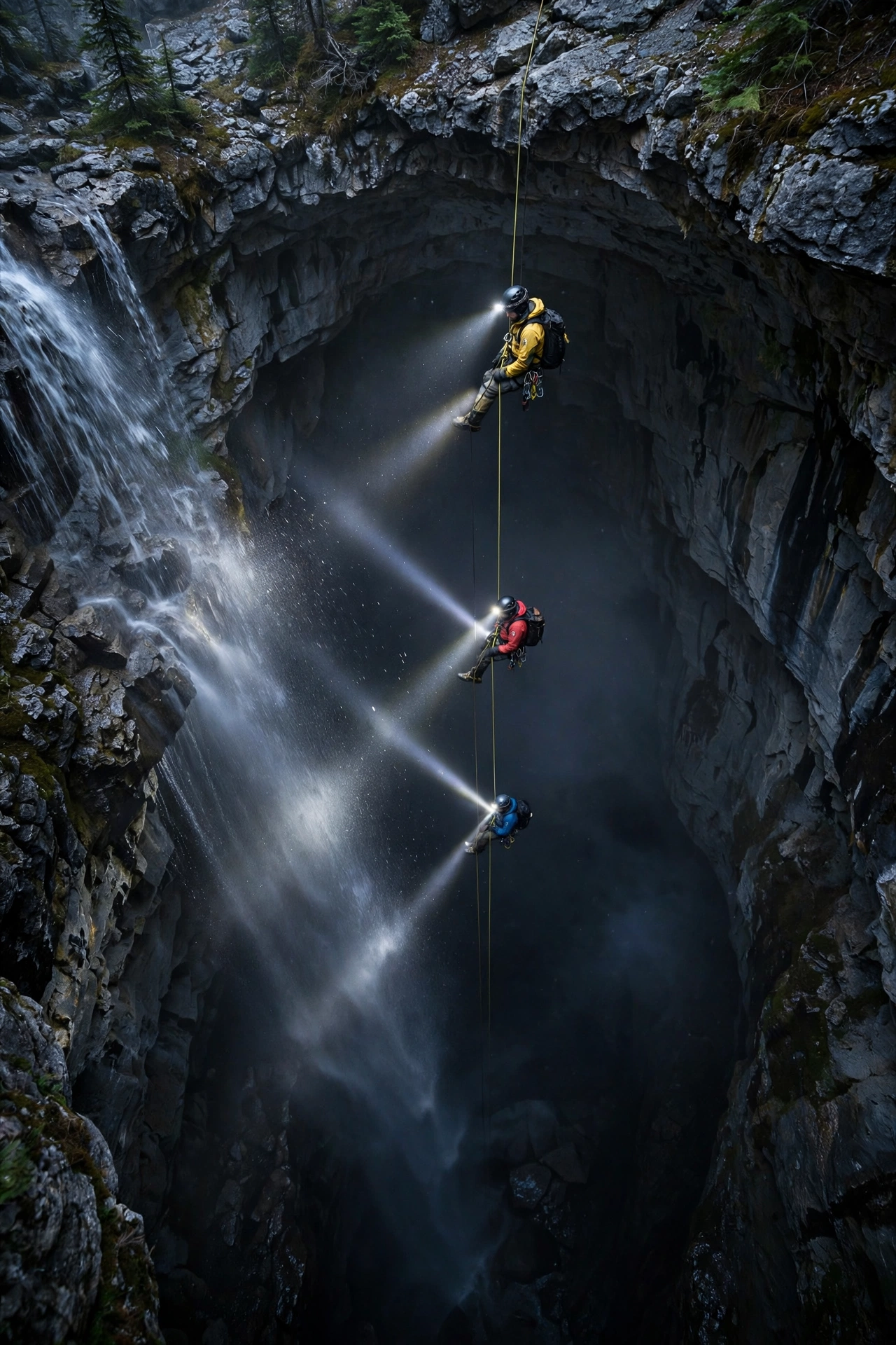 Three expedition cavers rappelling down a massive vertical limestone shaft deep inside Bisaro Anima, Canada's deepest cave