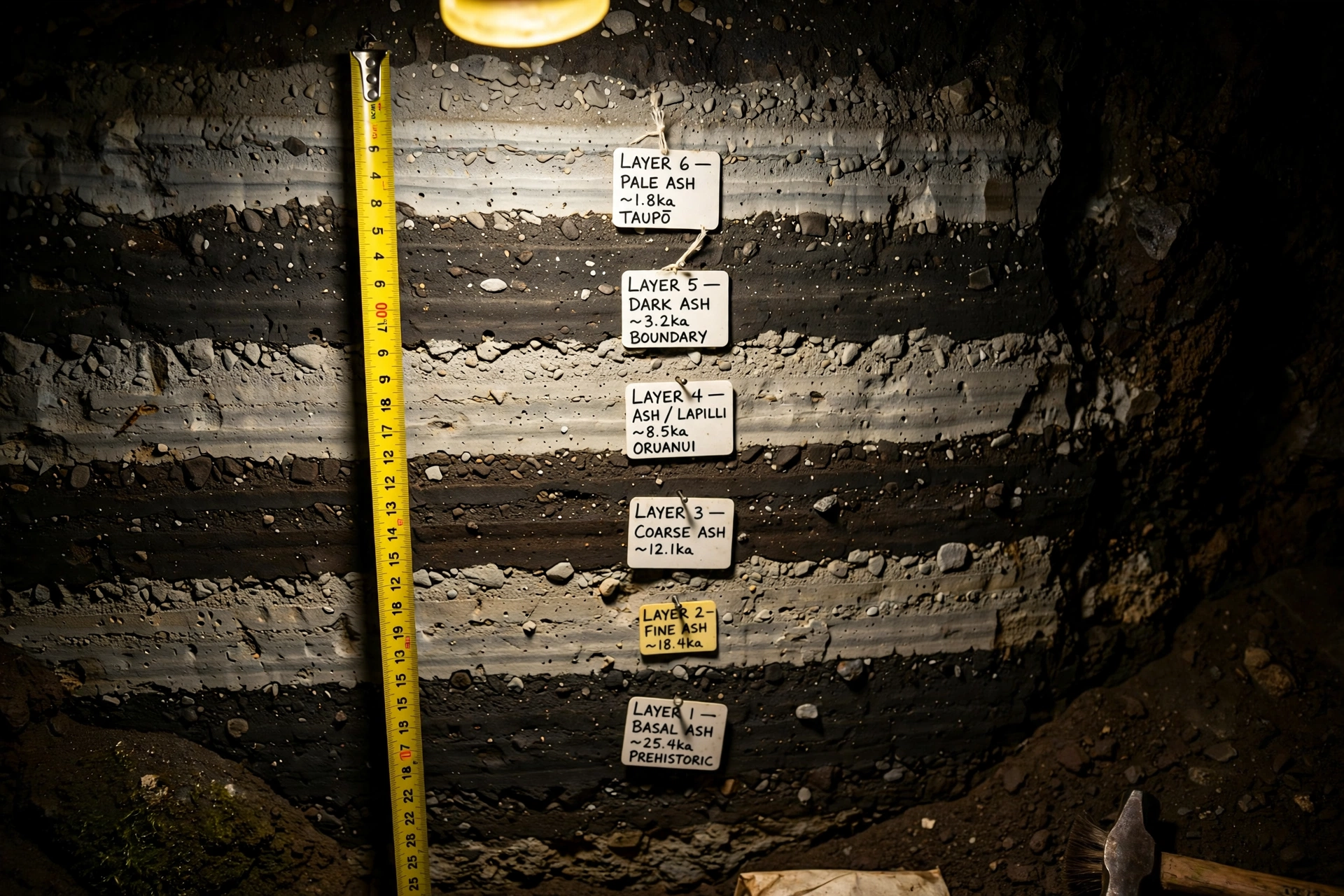 Layered volcanic ash sediment wall inside Moa Eggshell Cave excavation, marked strata