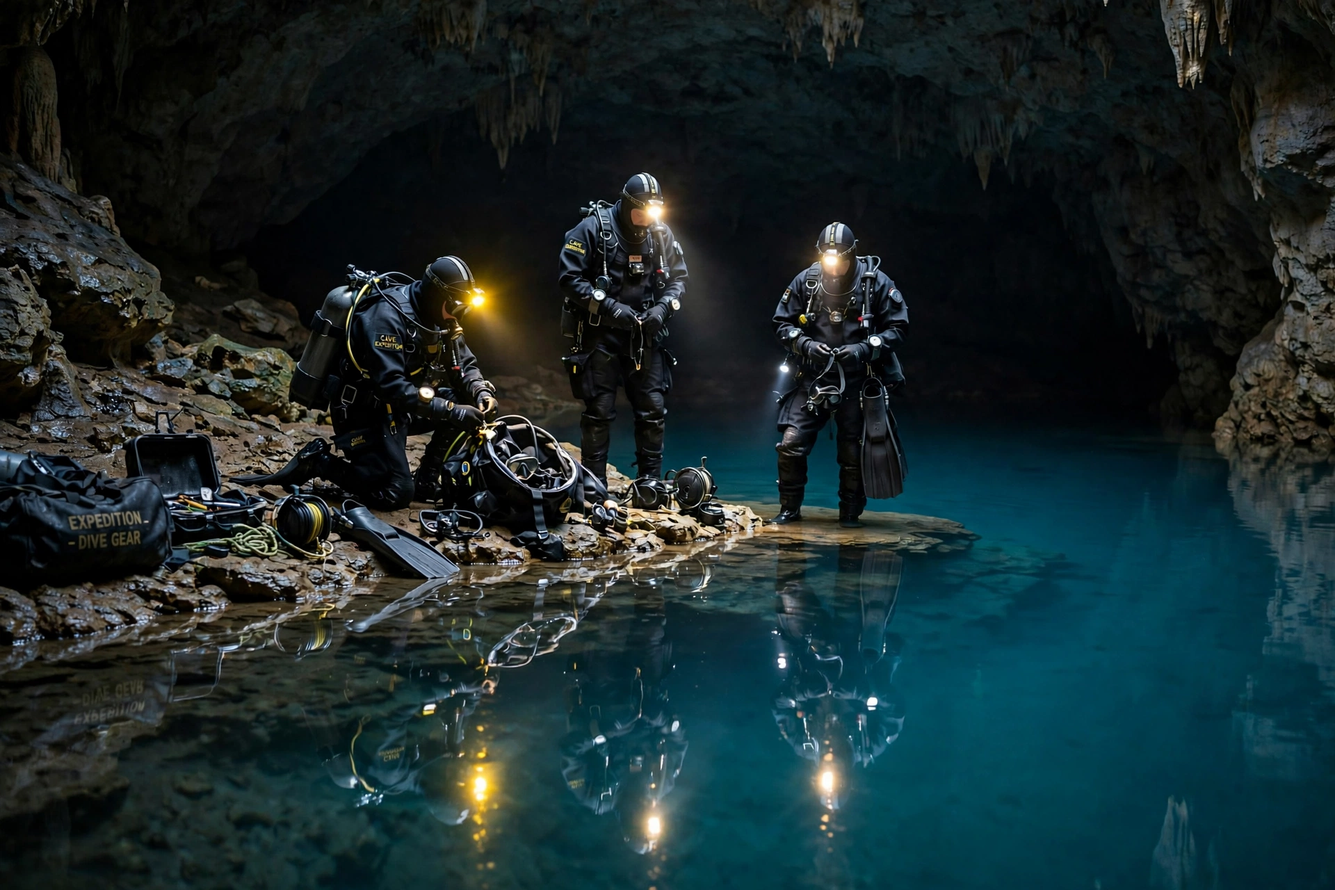The teal-blue sump lake Dieppe at the bottom of Bisaro Anima, with cave divers preparing gear at the water's edge