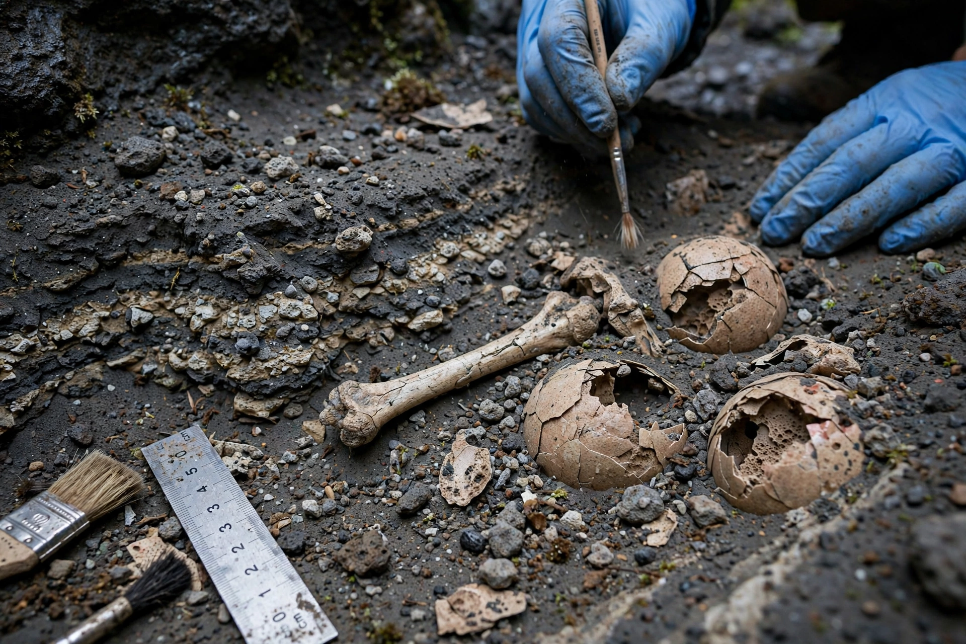 Fossilized ancient bird bones and eggshell fragments embedded in volcanic ash sediment, cave dig site