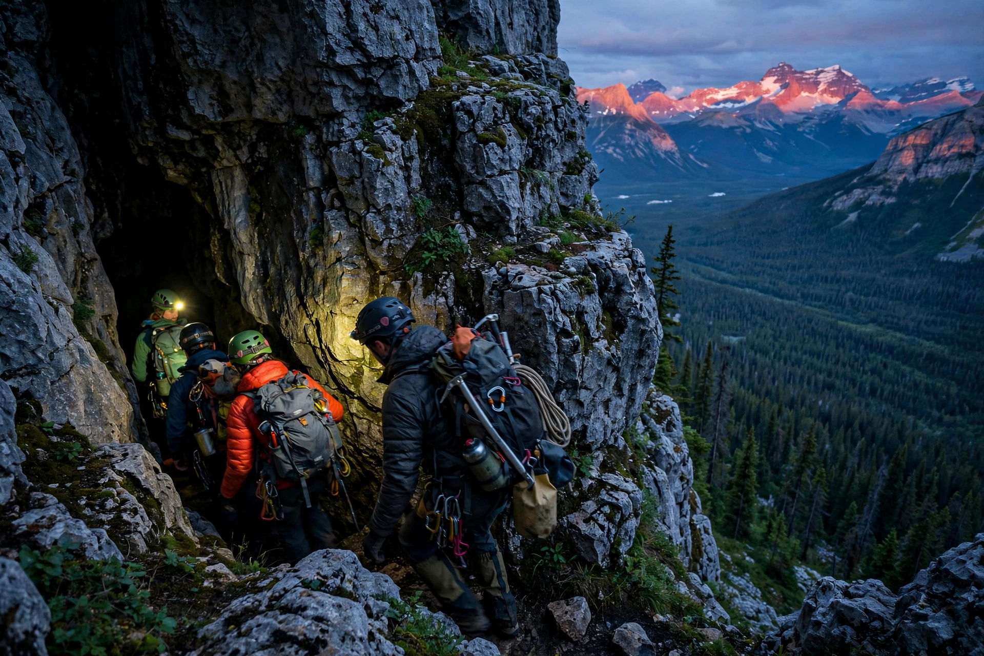 Expedition cavers entering a dark limestone cave entrance on a remote mountain plateau in British Columbia at dusk