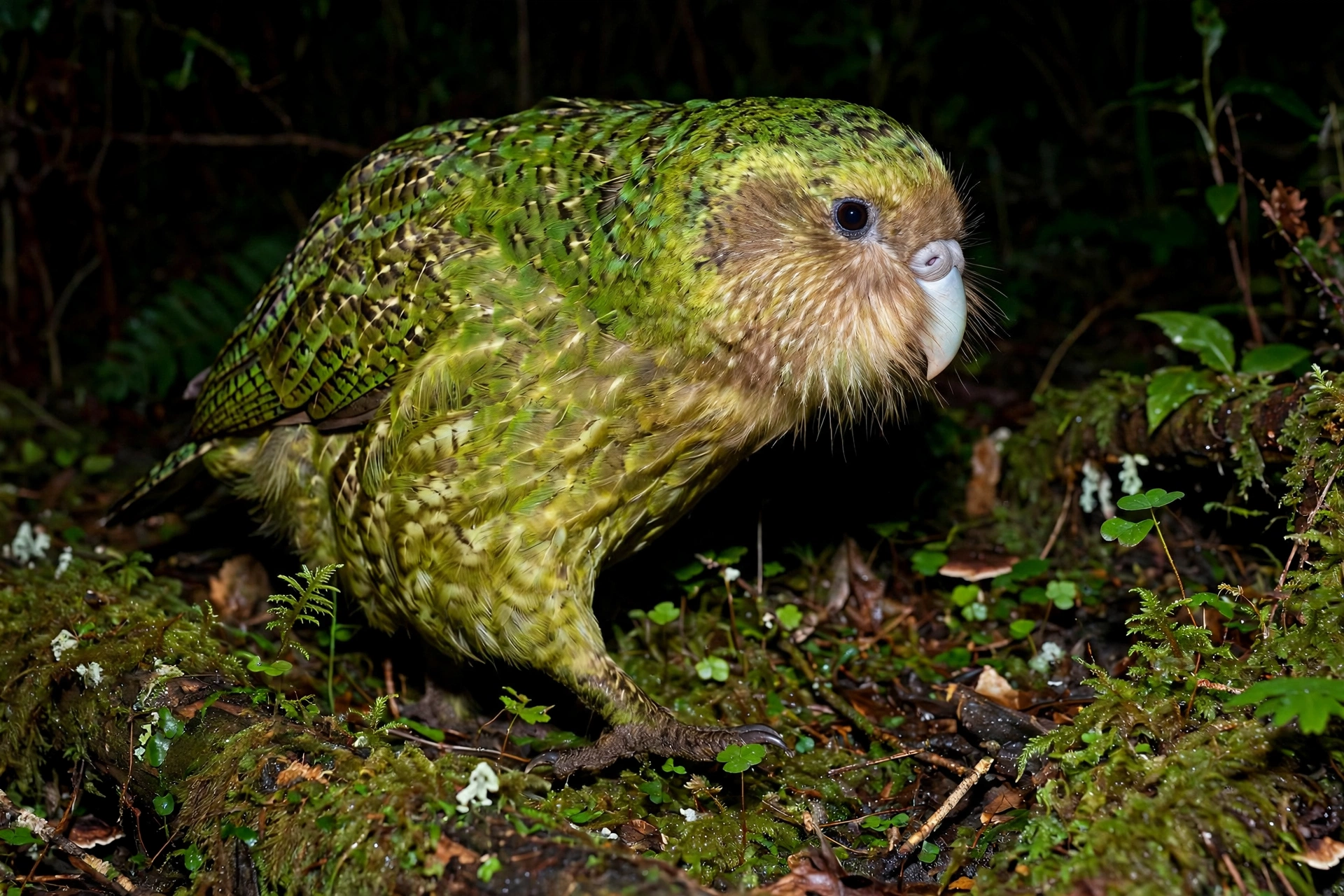 Kākāpō, New Zealand's flightless nocturnal parrot, walking through mossy forest at night