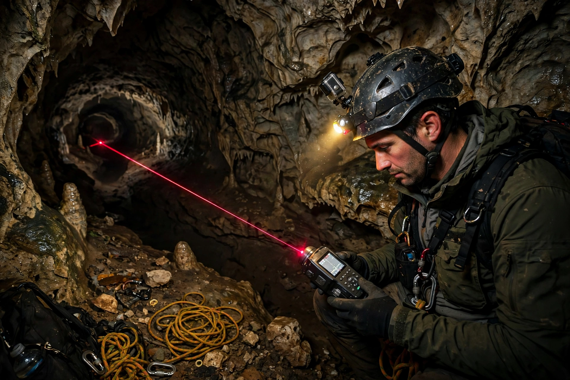 A caver using a laser survey instrument to map newly discovered passages deep inside Bisaro Anima