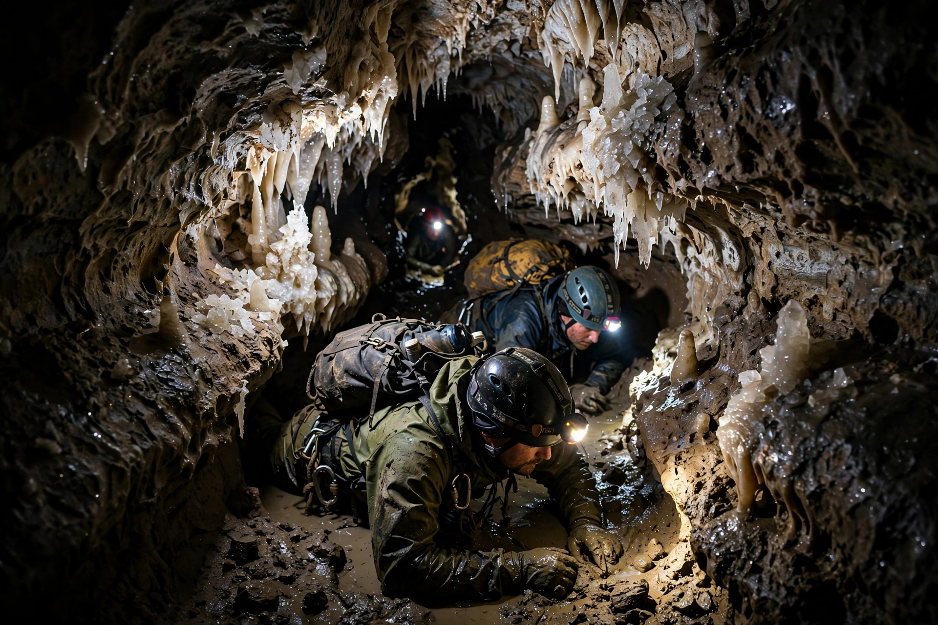 Cavers exploring a tight newly discovered limestone passage deep inside Bisaro Anima, headlamps lighting the way