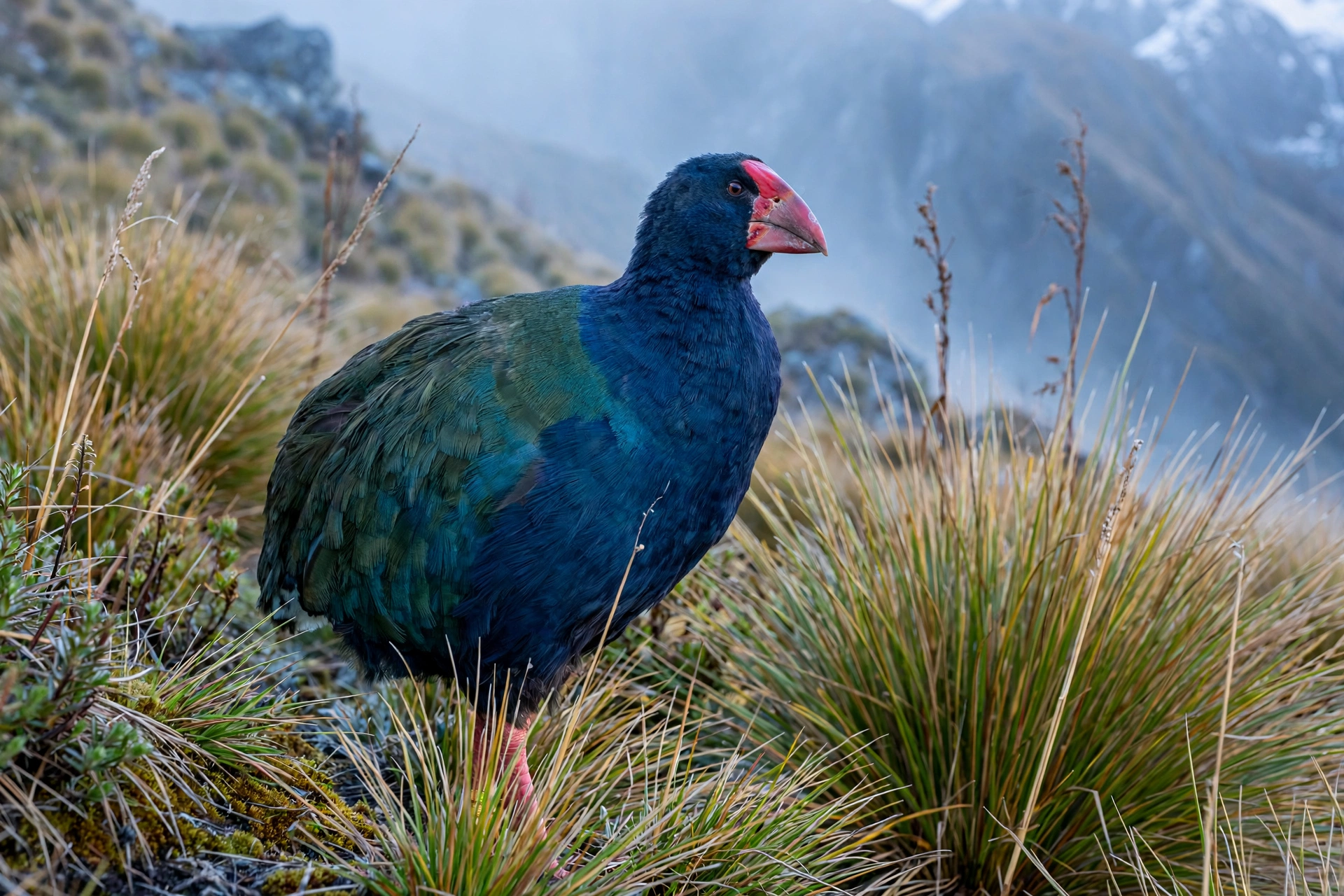 Takahē, New Zealand's rare flightless blue-green bird with large red beak, in alpine tussock grass