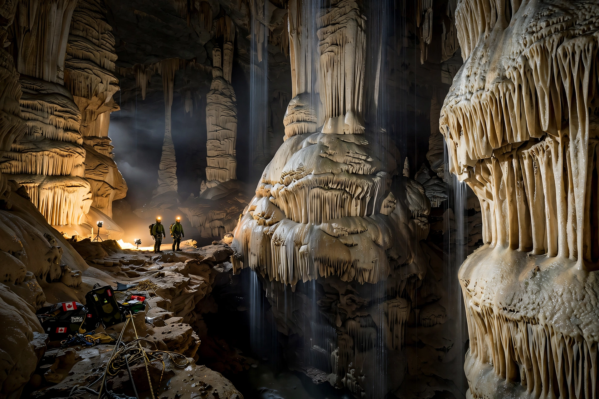 A vast underground cathedral chamber in Bisaro Anima with tiny cavers for scale, photography lamps lighting massive flowstone formations