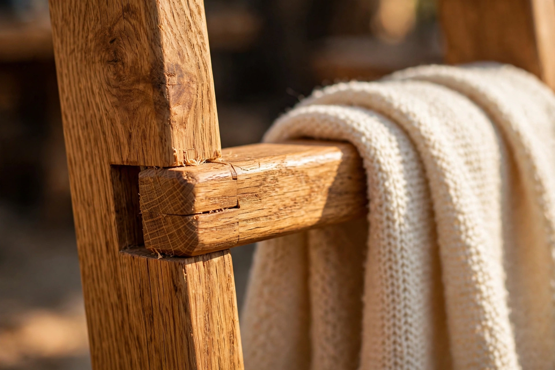 Close-up of mortise and tenon joinery on a handmade solid oak blanket ladder rung with hand-rubbed oil finish showing natural wood grain