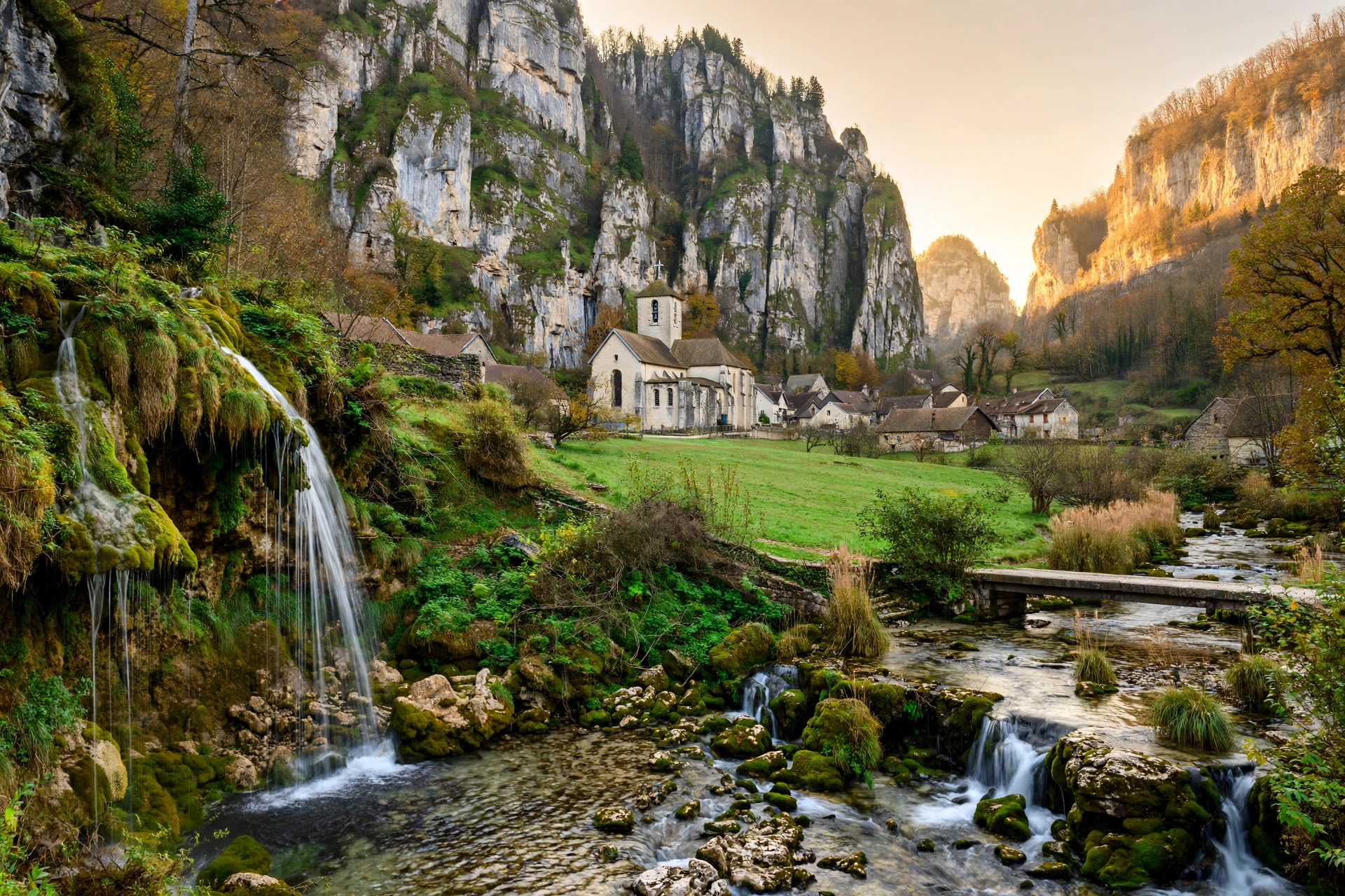 The village of Baume-les-Messieurs in the French Jura beneath limestone cliffs, with a waterfall and river