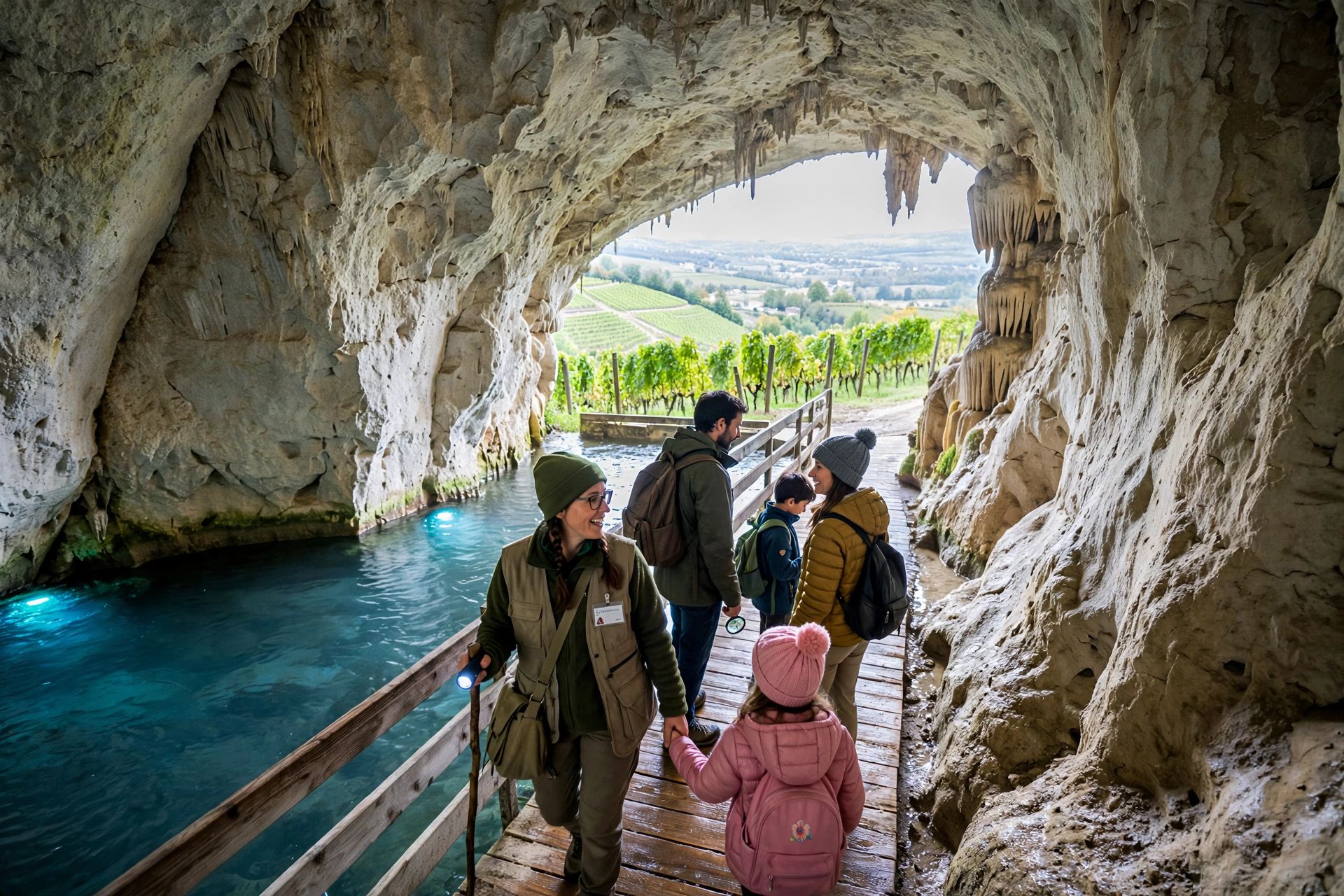 Visitors walking through Grottes du Cerdon along a former underground river, with light opening toward green vineyards