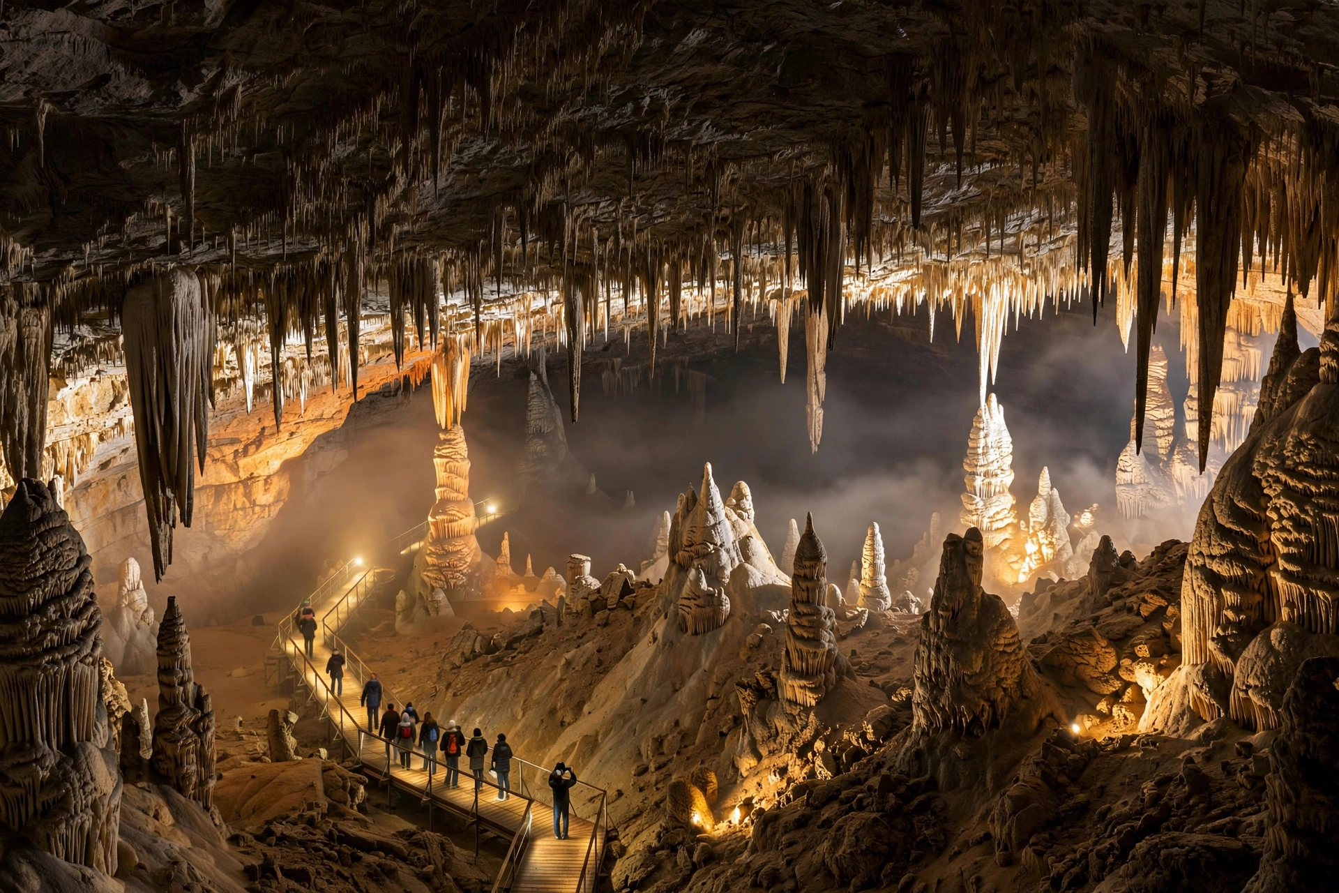 The vast illuminated chamber of Gouffre de Poudrey in France, with visitors on a walkway far below towering stalactites