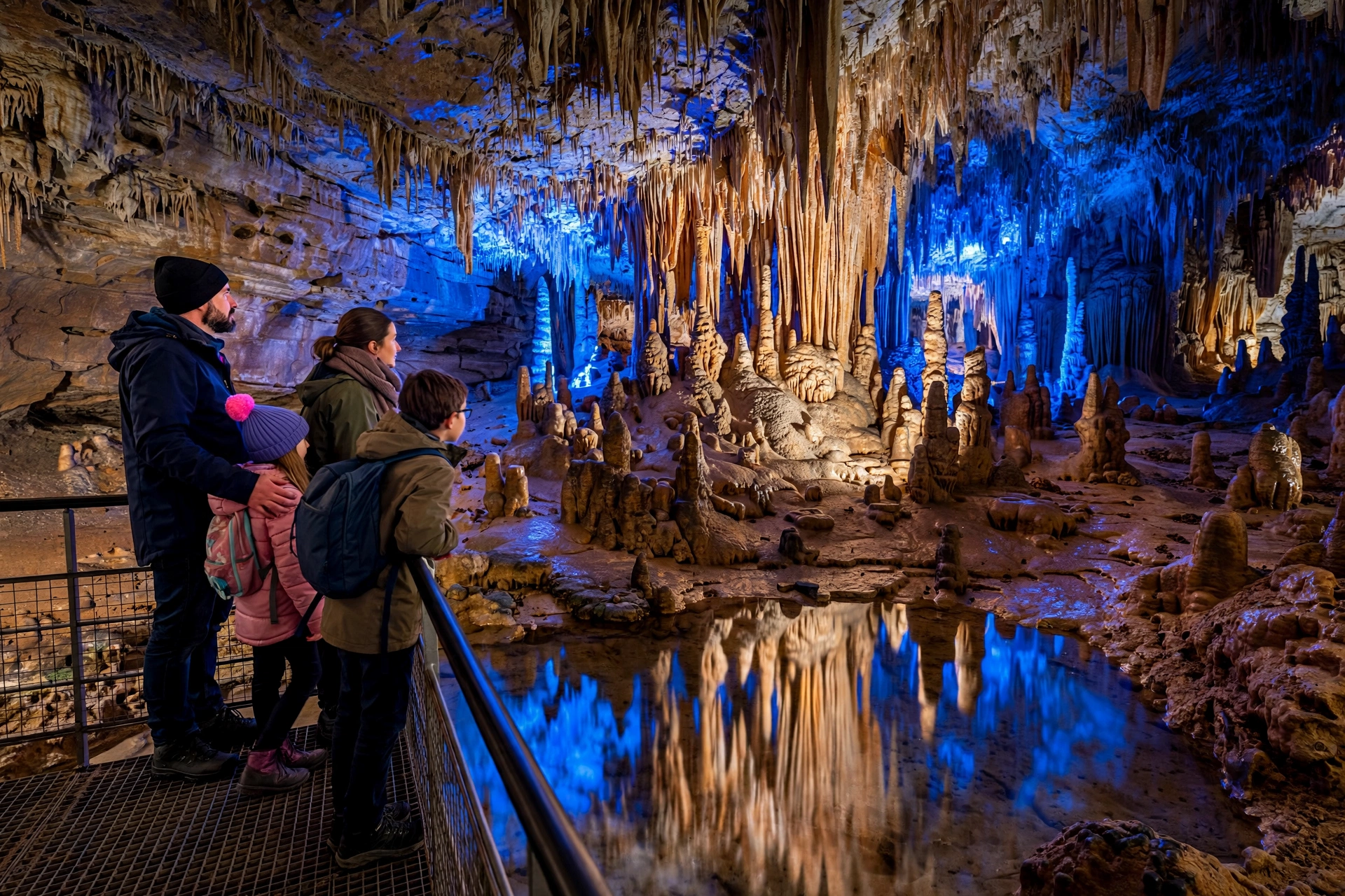 Stalactites and stalagmites glowing in blue and amber light during the sound-and-light show at Grottes des Moidons