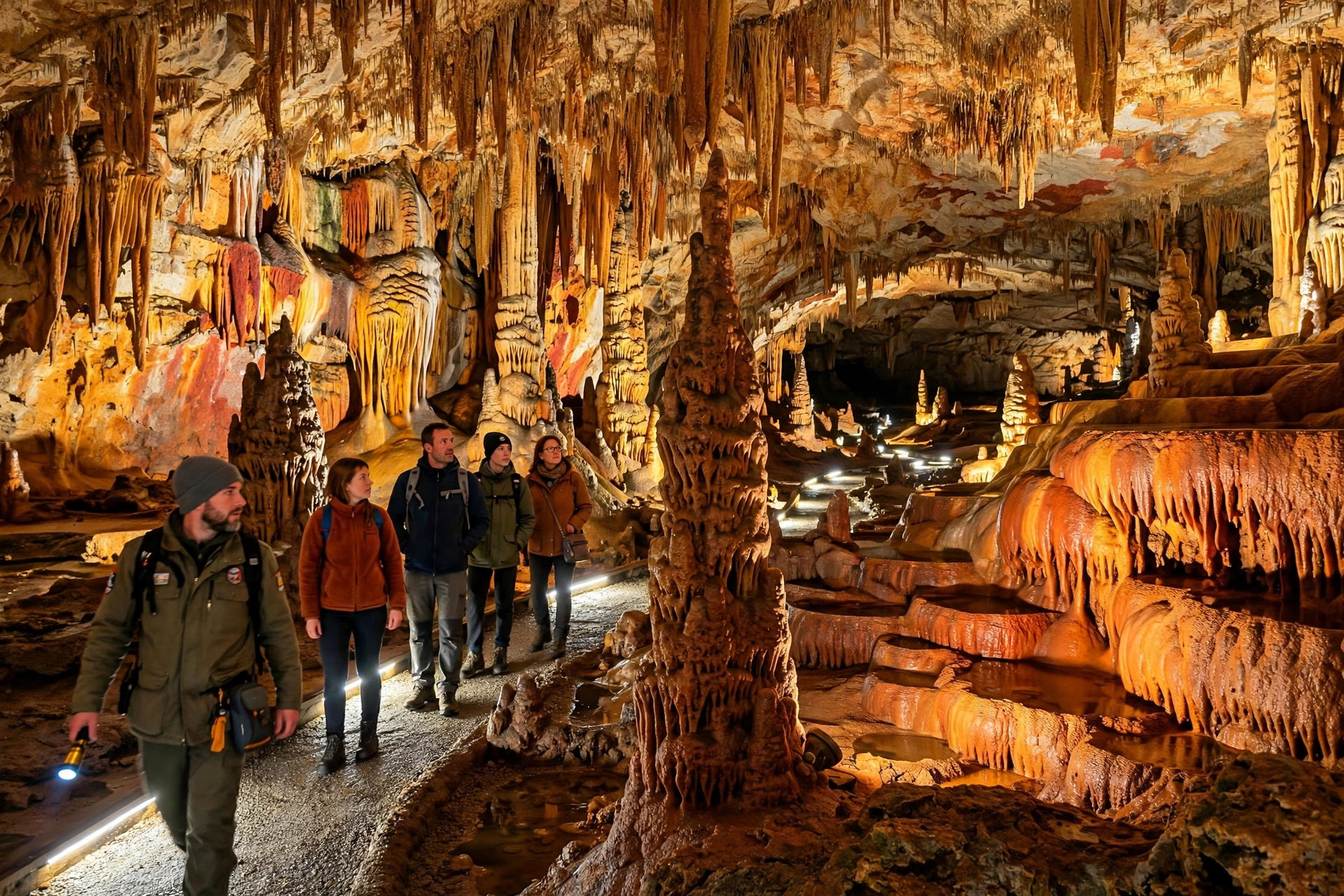 Colourful mineral deposits and illuminated galleries inside Grotte d'Osselle cave in France