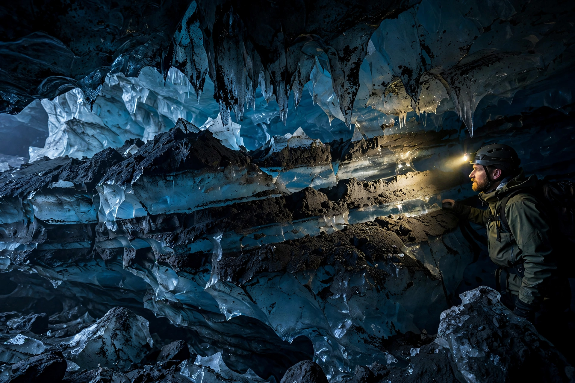 Dramatic blue glacier ice streaked with black volcanic ash layers inside Iceland's Katla Ice Cave