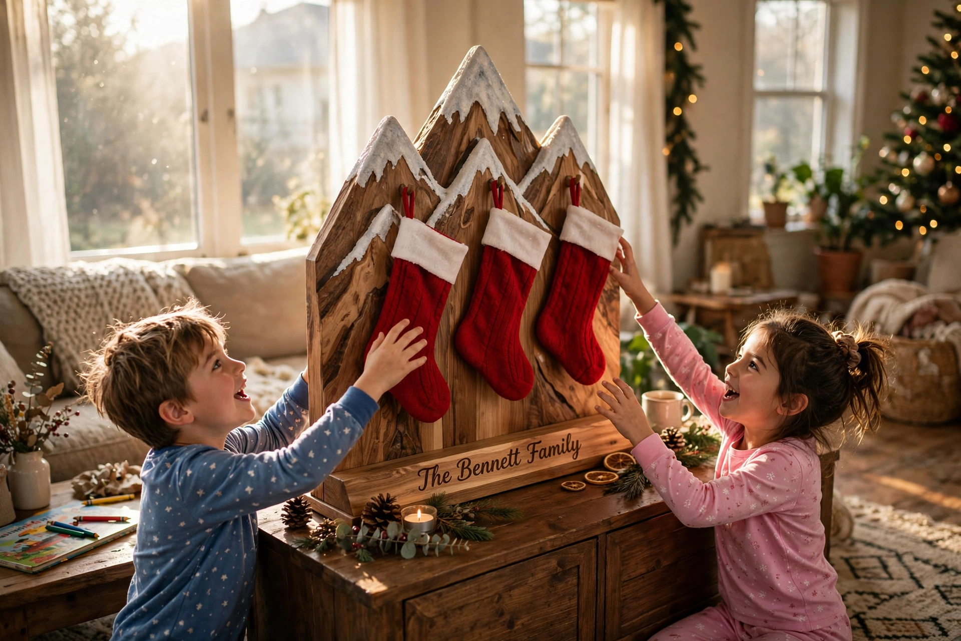 Two kids in pajamas on Christmas morning reaching for red stockings hanging from the wooden mountain holder