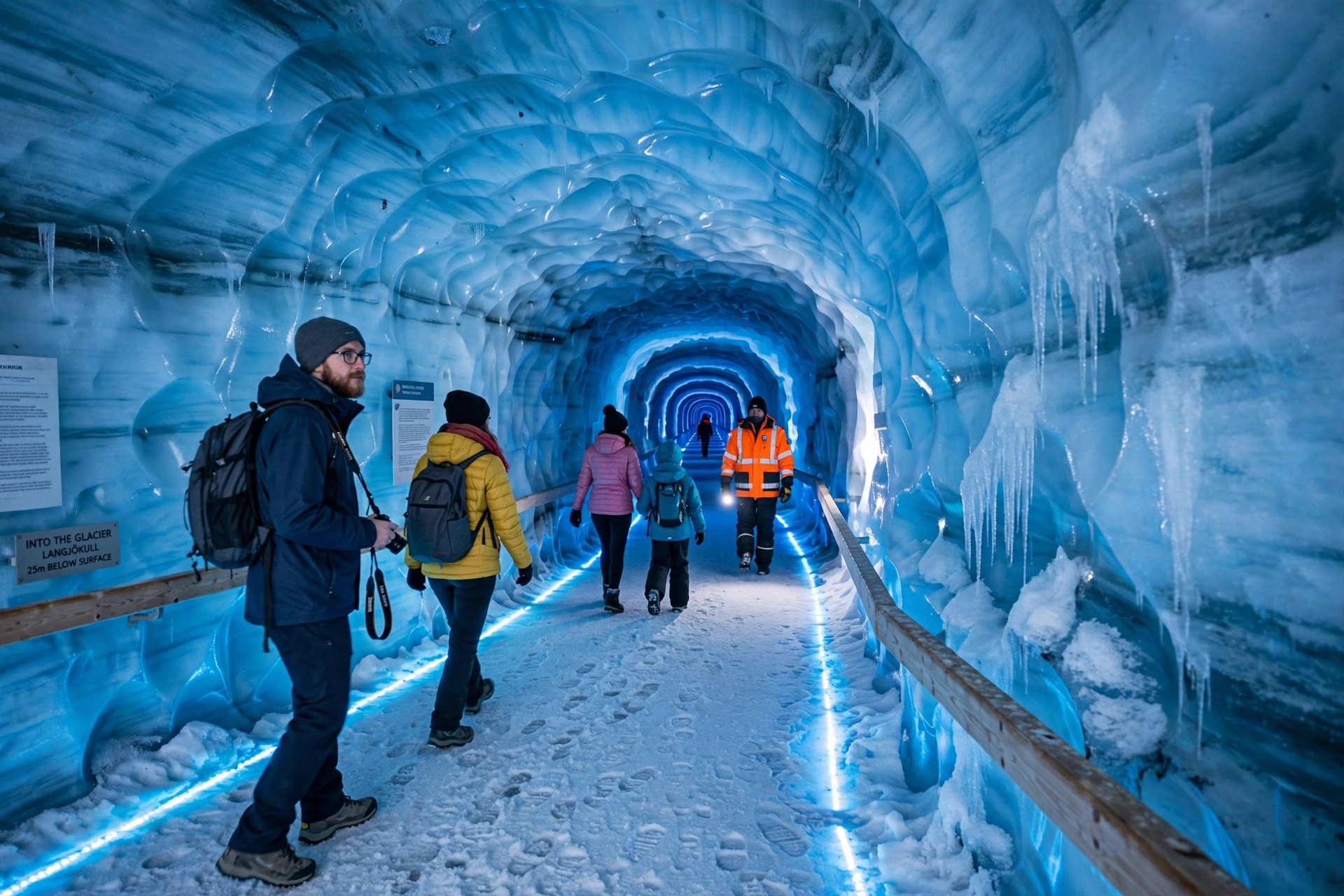 Visitors walking through the glowing blue man-made ice tunnel inside Iceland's Langjokull glacier