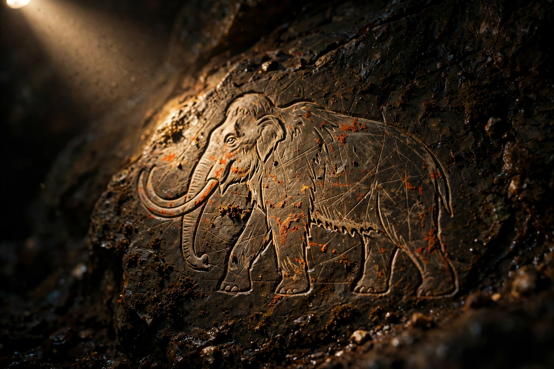 Close-up of an ancient mammoth engraving on a dark cave wall with ochre pigment traces, lit by a headlamp