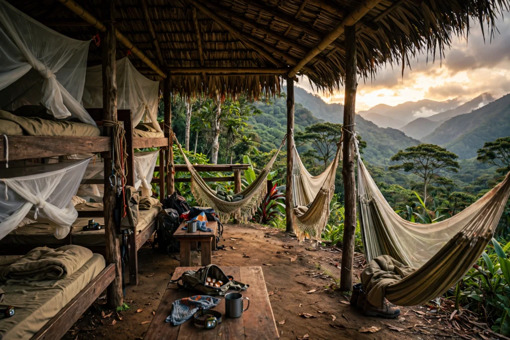 Wooden bunk beds and hammocks under a thatched roof at a Ciudad Perdida trek campsite in the Colombian jungle at dusk
