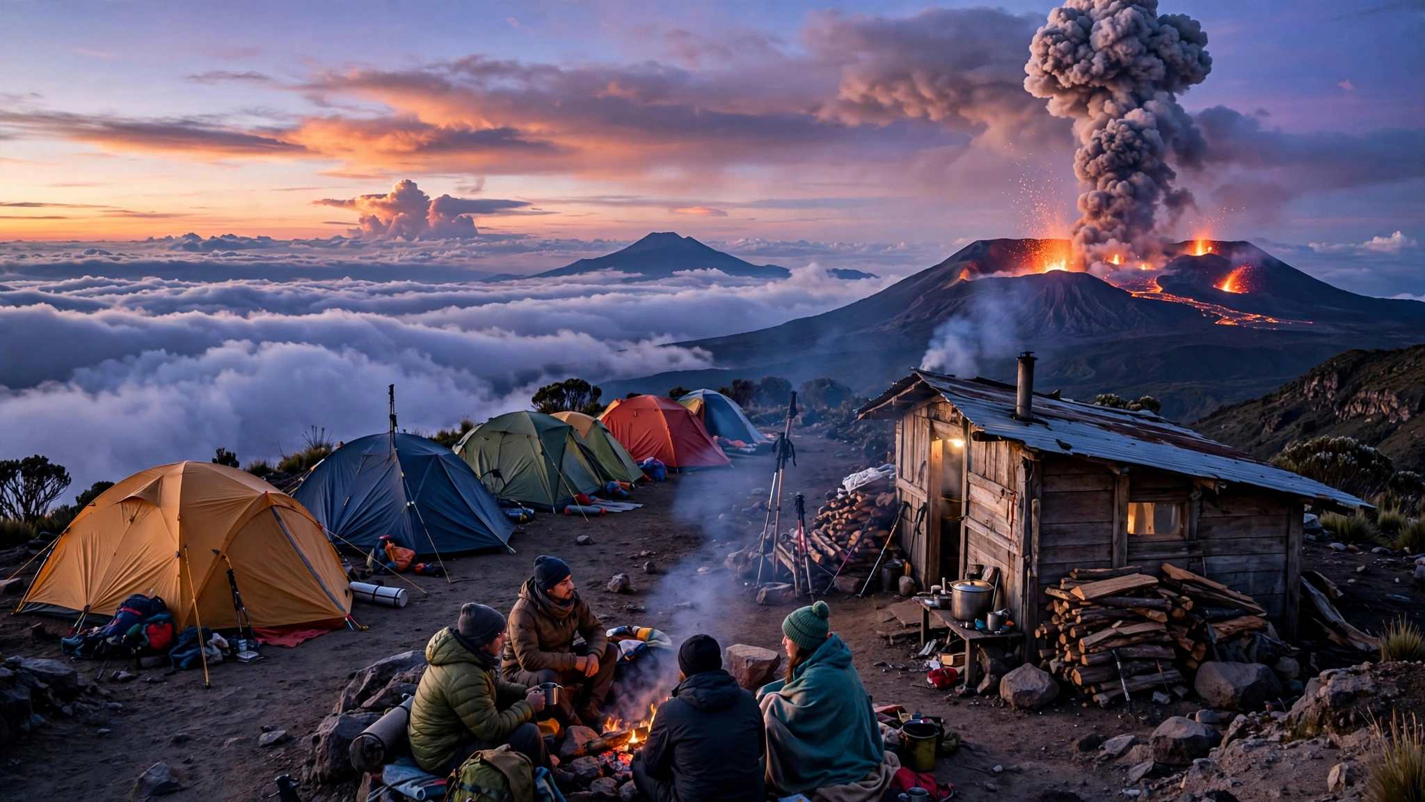 Base camp tents on Volcan Acatenango at dusk with Volcan de Fuego erupting in the distance, Guatemala