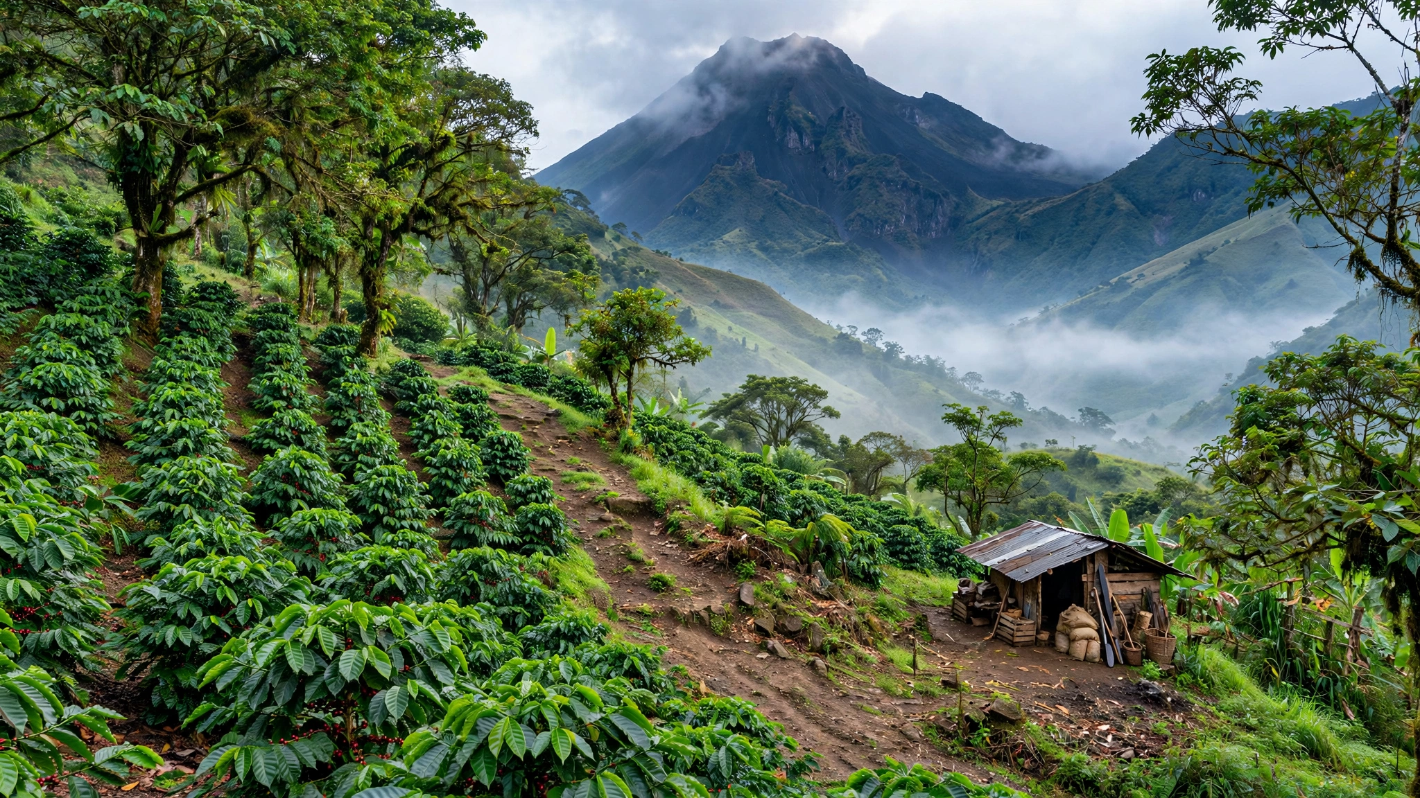 Lush coffee plantations on the lower slopes of the volcanoes near the La Soledad trailhead, Guatemala